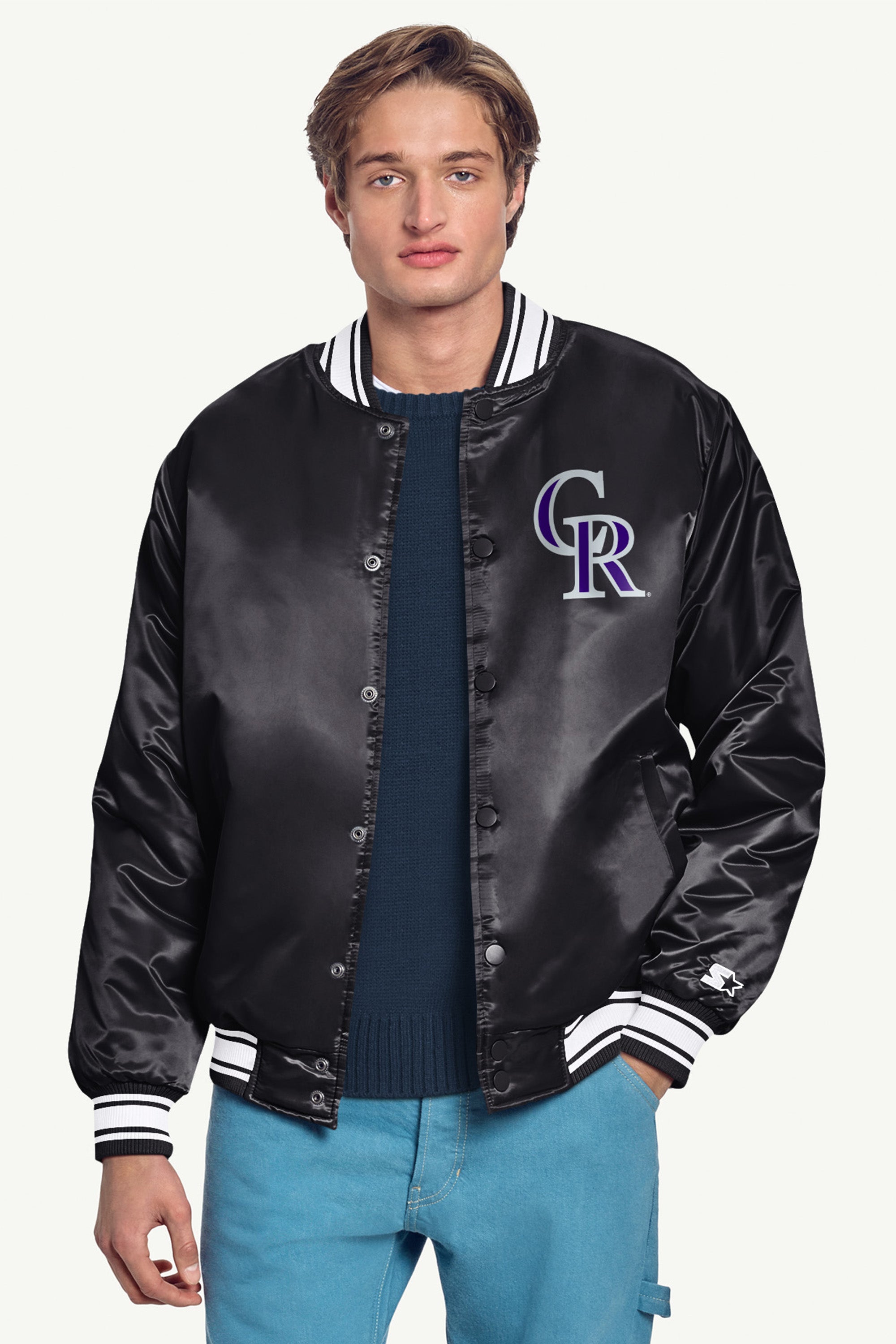 MENS COLORADO ROCKIES PRINTED HOMEPLATE SATIN VARSITY JACKET View 3 | Satin Varsity Jackets