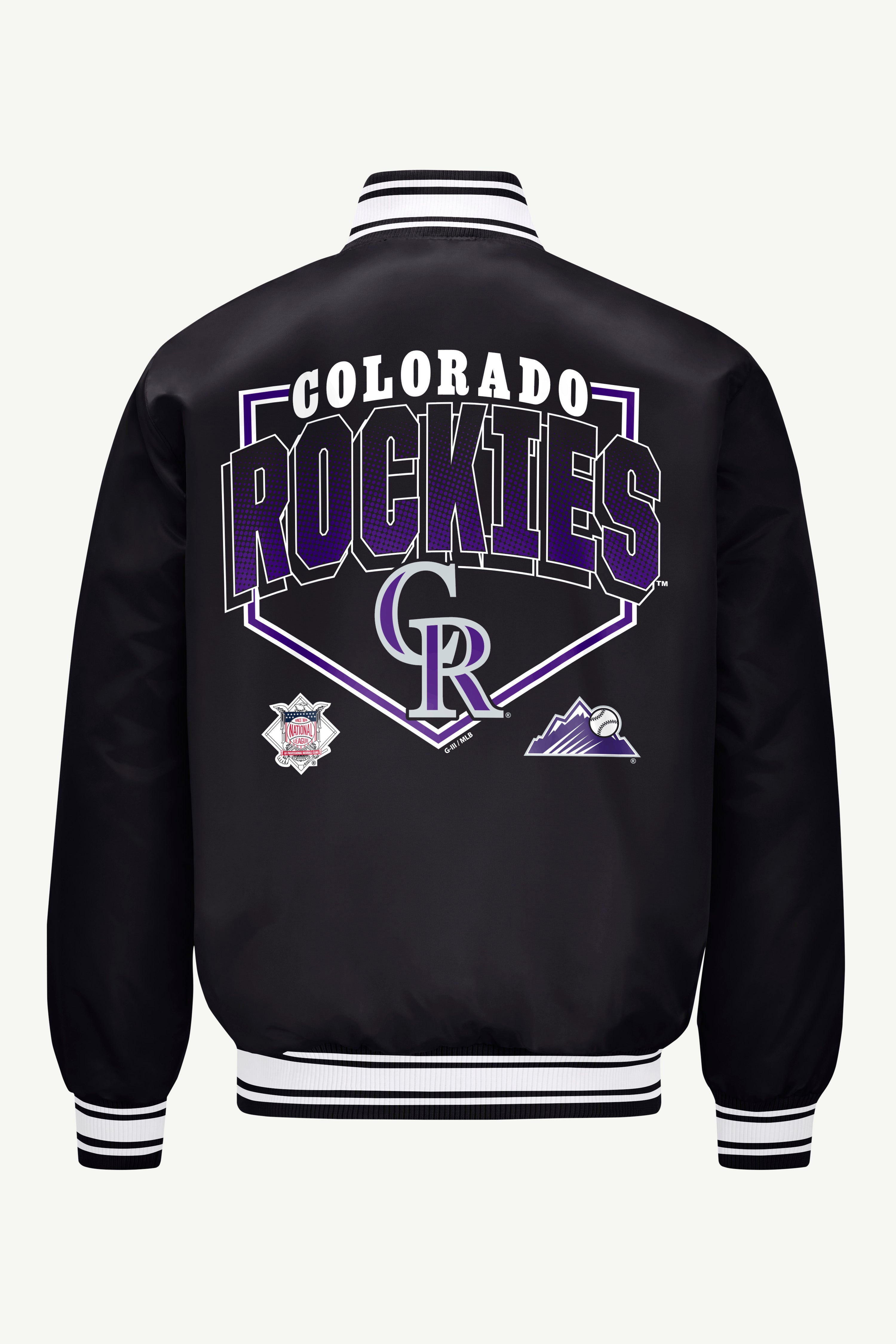 MENS COLORADO ROCKIES PRINTED HOMEPLATE SATIN VARSITY JACKET View 2 | Satin Varsity Jackets MENS COLORADO ROCKIES PRINTED HOMEPLATE SATIN VARSITY JACKET View 2 | Satin Varsity Jackets