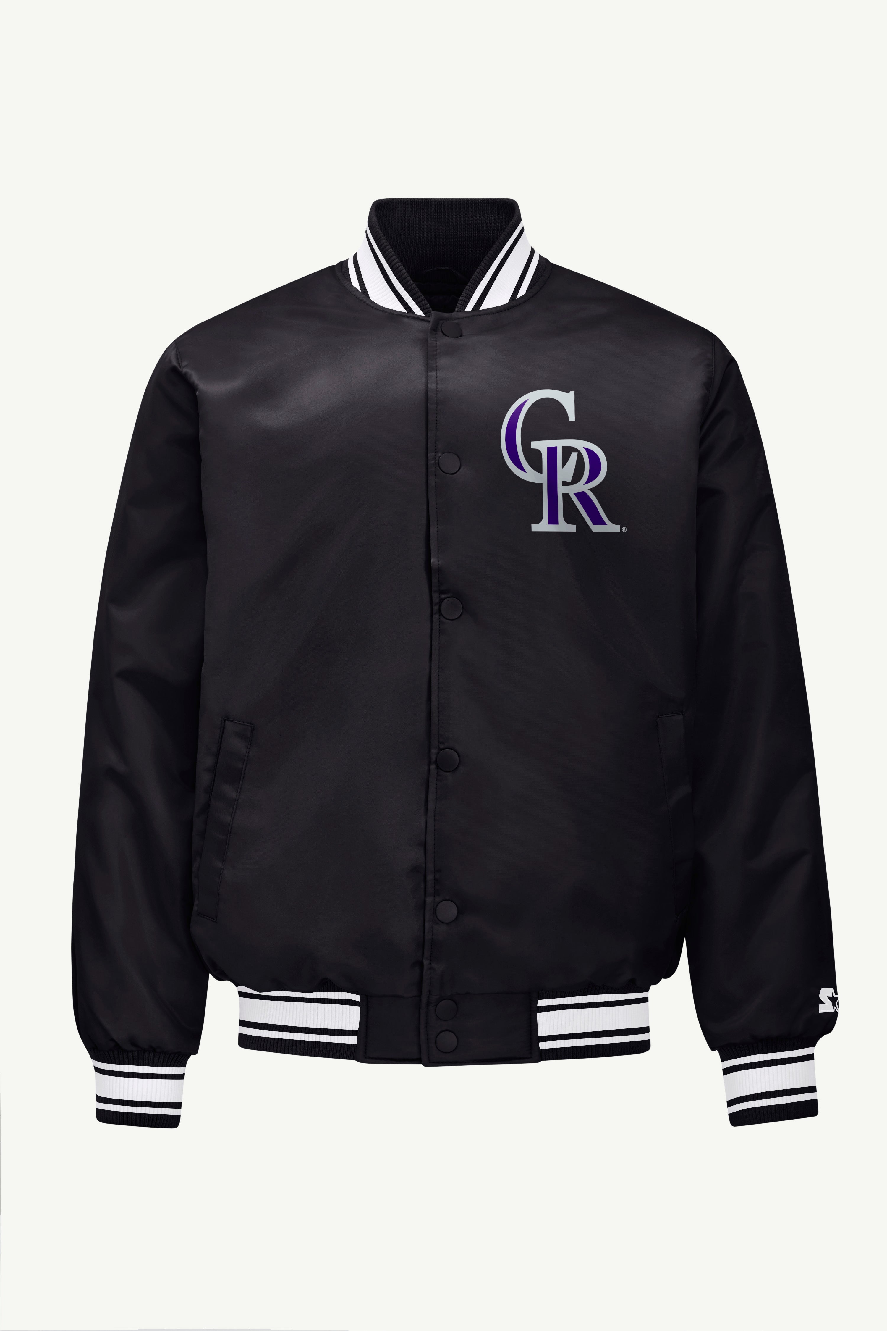 MENS COLORADO ROCKIES PRINTED HOMEPLATE SATIN VARSITY JACKET View 1 | Satin Varsity Jackets