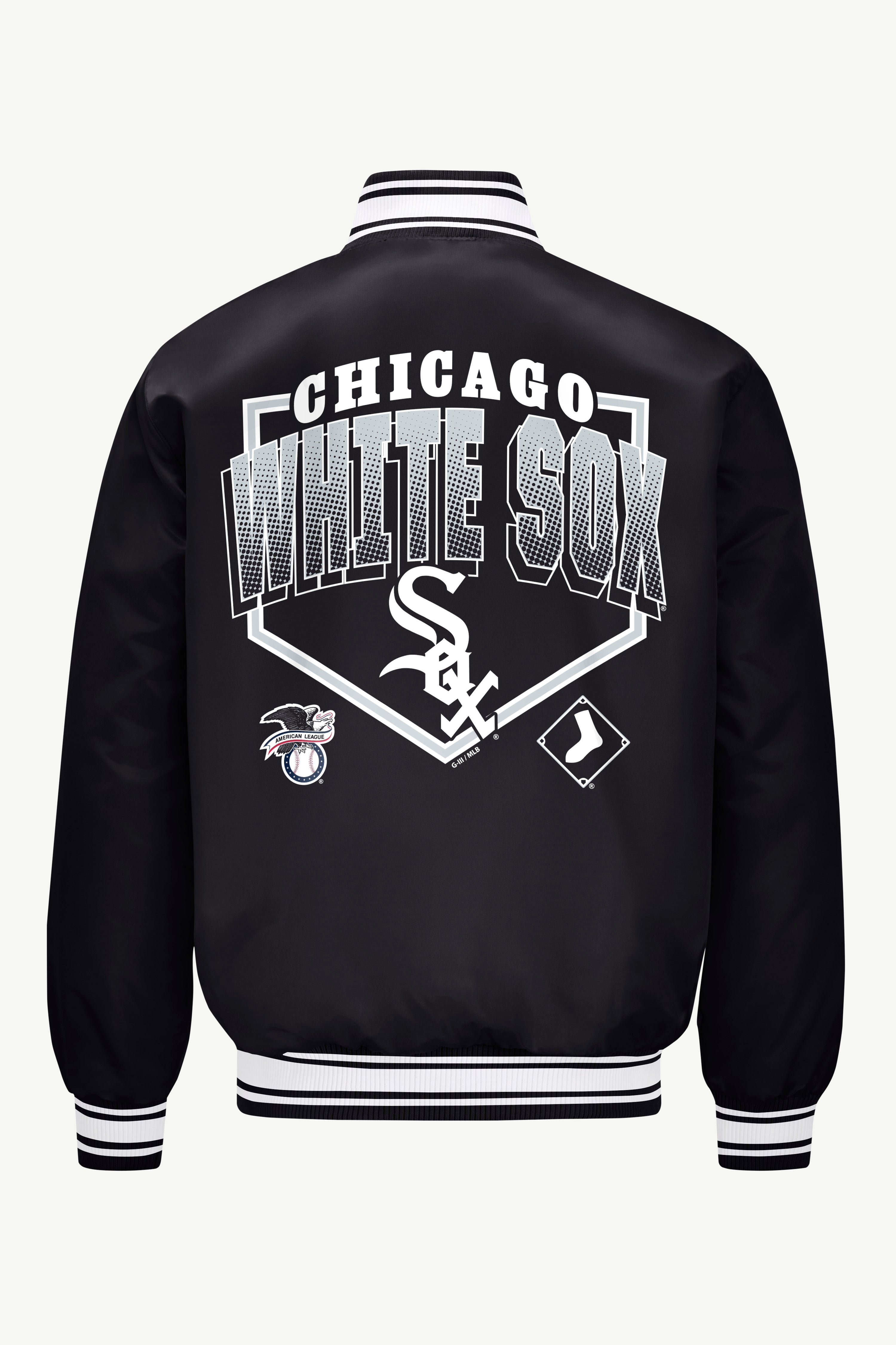 MENS CHICAGO WHITE SOX PRINTED HOMEPLATE SATIN VARSITY JACKET View 2 | Chicago White Sox