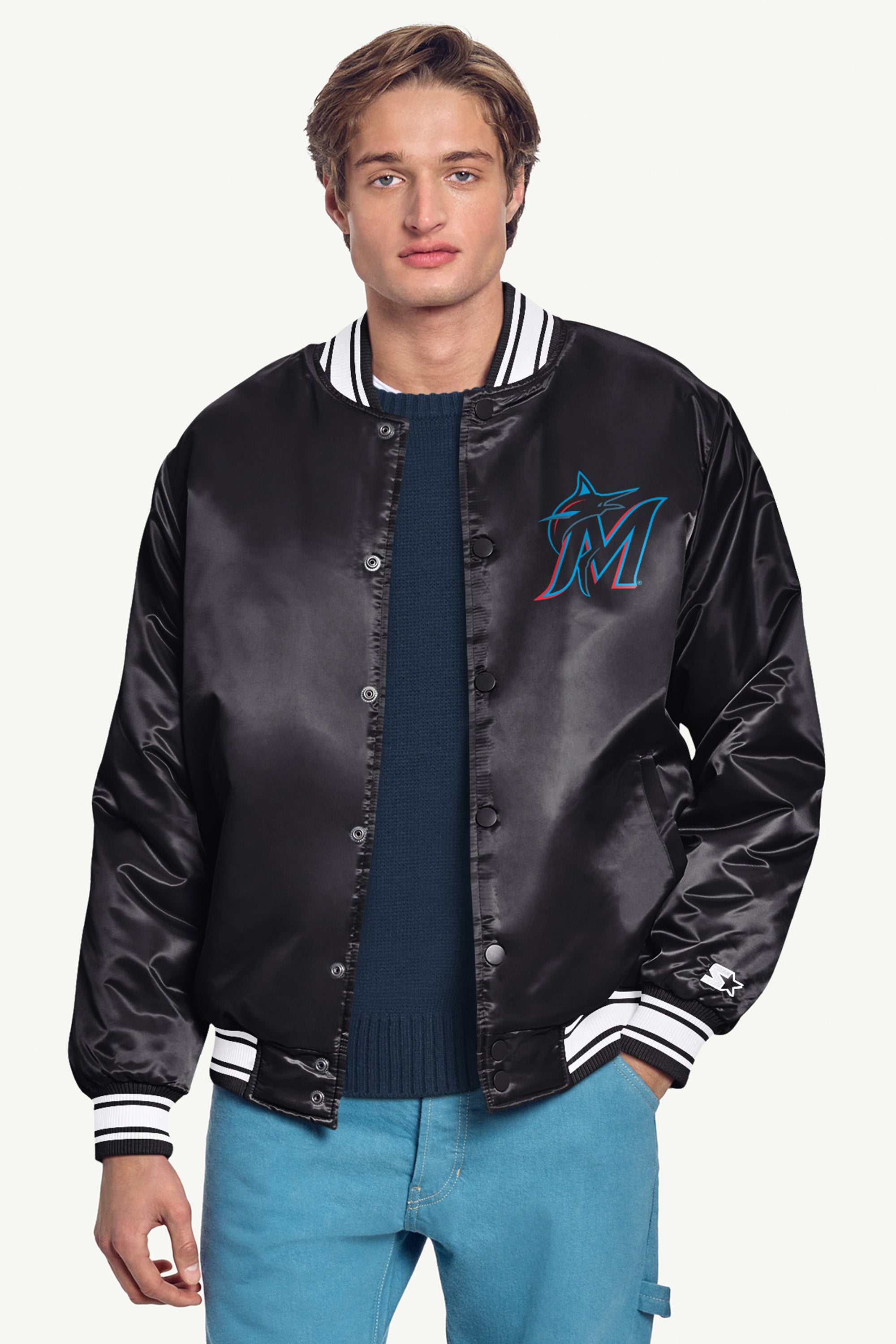 MENS MIAMI MARLINS PRINTED HOMEPLATE SATIN VARSITY JACKET View 3 | Starter Jackets