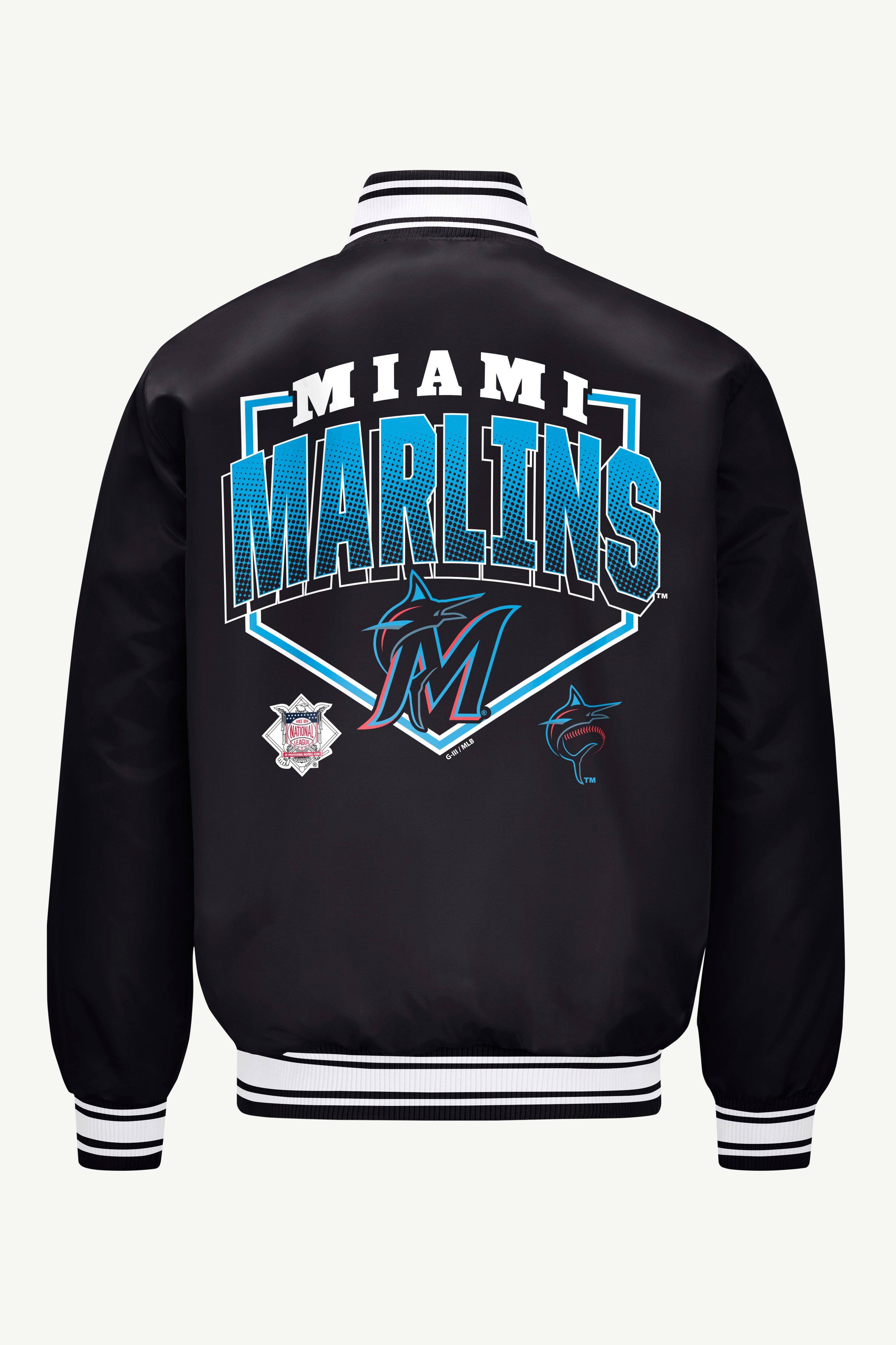 MENS MIAMI MARLINS PRINTED HOMEPLATE SATIN VARSITY JACKET View 2 | Starter Jackets MENS MIAMI MARLINS PRINTED HOMEPLATE SATIN VARSITY JACKET View 2 | Starter Jackets