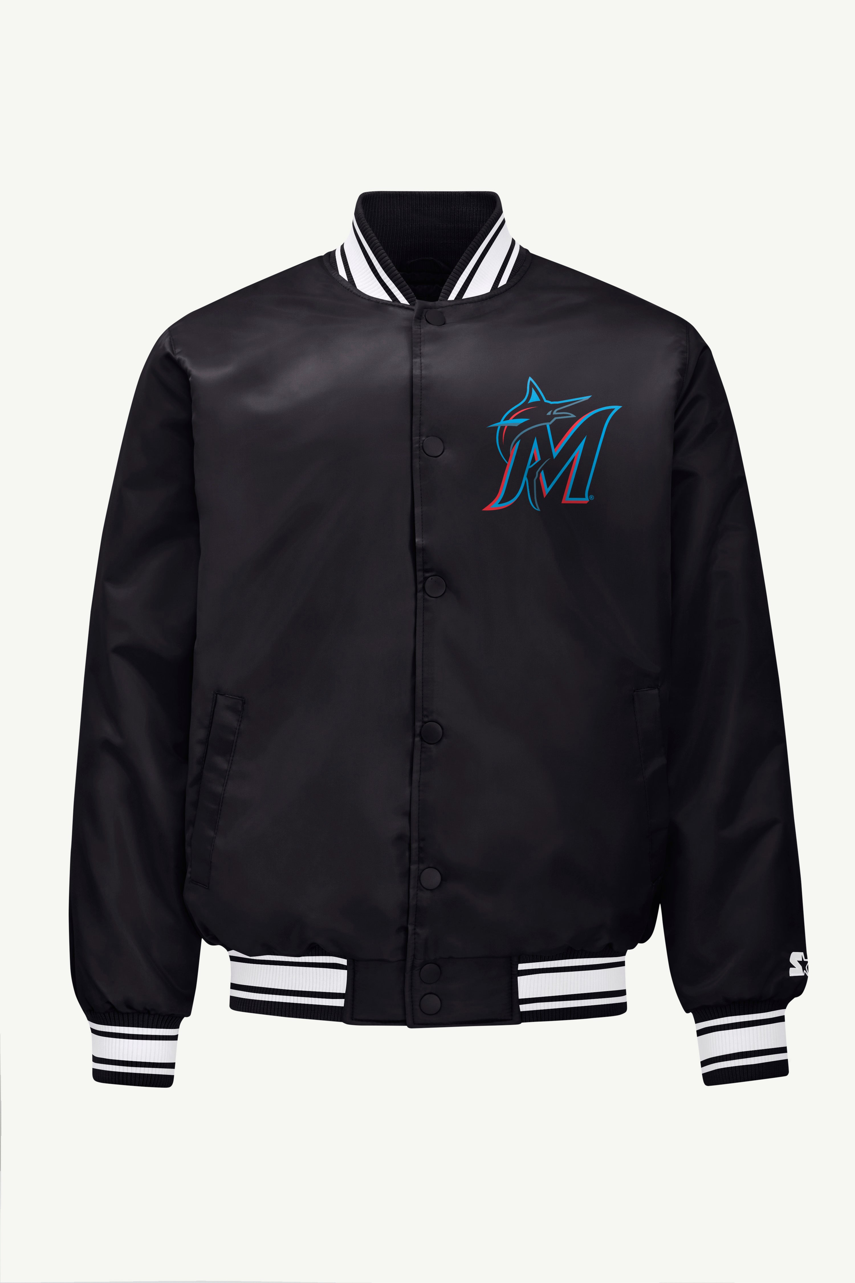 MENS MIAMI MARLINS PRINTED HOMEPLATE SATIN VARSITY JACKET View 1 | Starter Jackets MENS MIAMI MARLINS PRINTED HOMEPLATE SATIN VARSITY JACKET View 1 | Starter Jackets