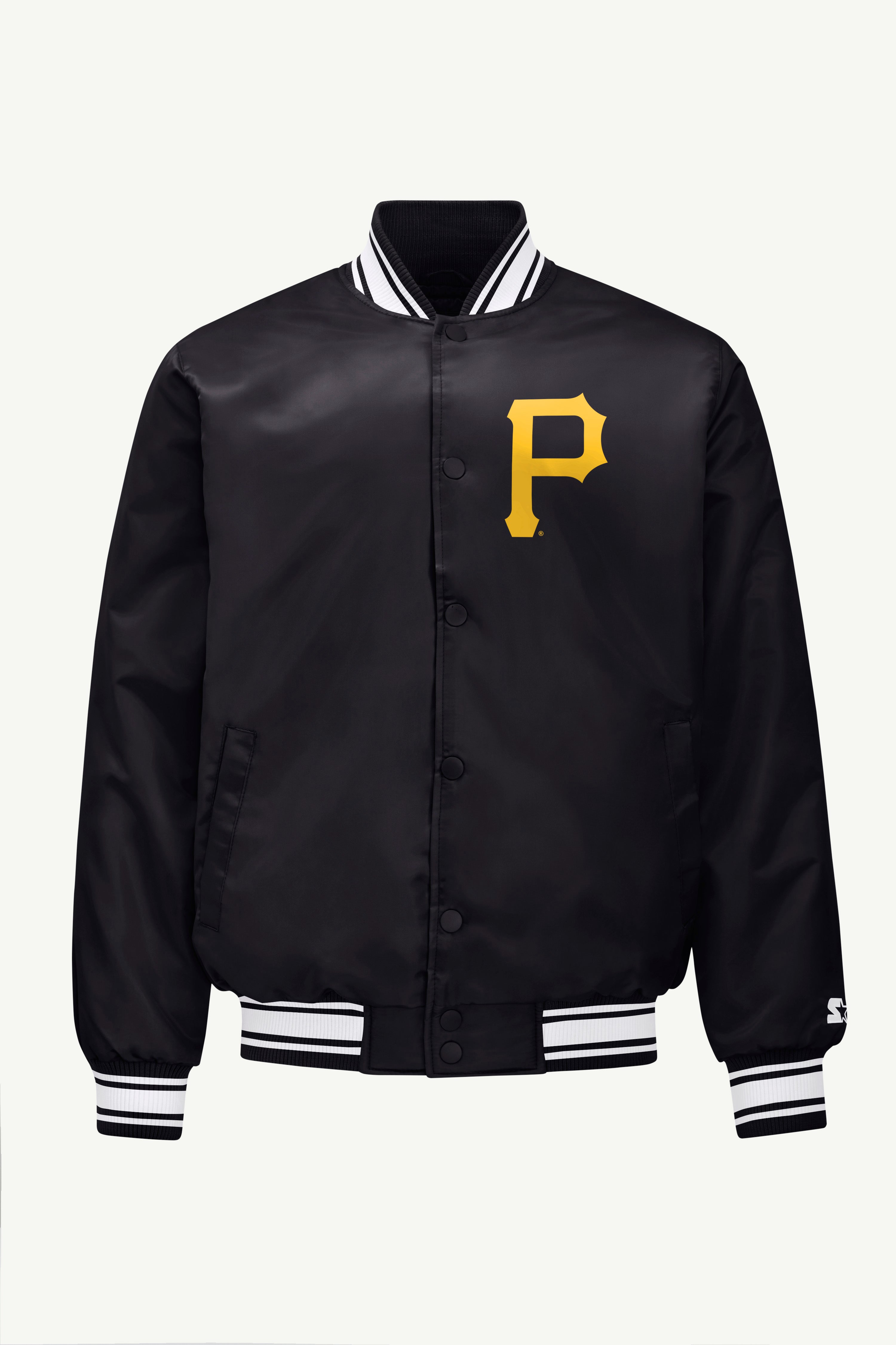MENS PITTSBURGH PIRATES PRINTED HOMEPLATE SATIN VARSITY JACKET View 1 | Pittsburgh Pirates