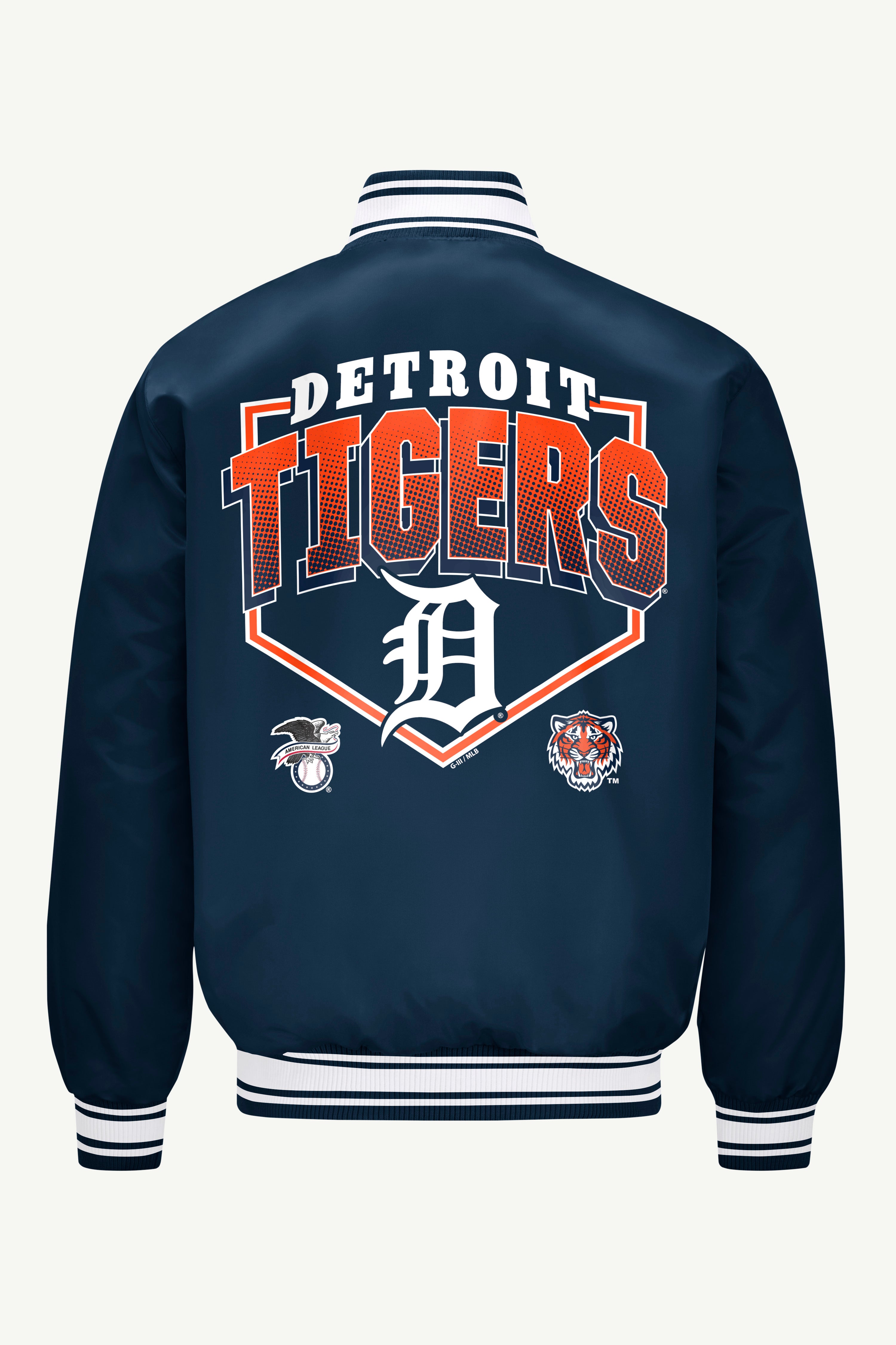 MENS DETROIT TIGERS PRINTED HOMEPLATE SATIN VARSITY JACKET View 2 | Starter Jackets MENS DETROIT TIGERS PRINTED HOMEPLATE SATIN VARSITY JACKET View 2 | Starter Jackets