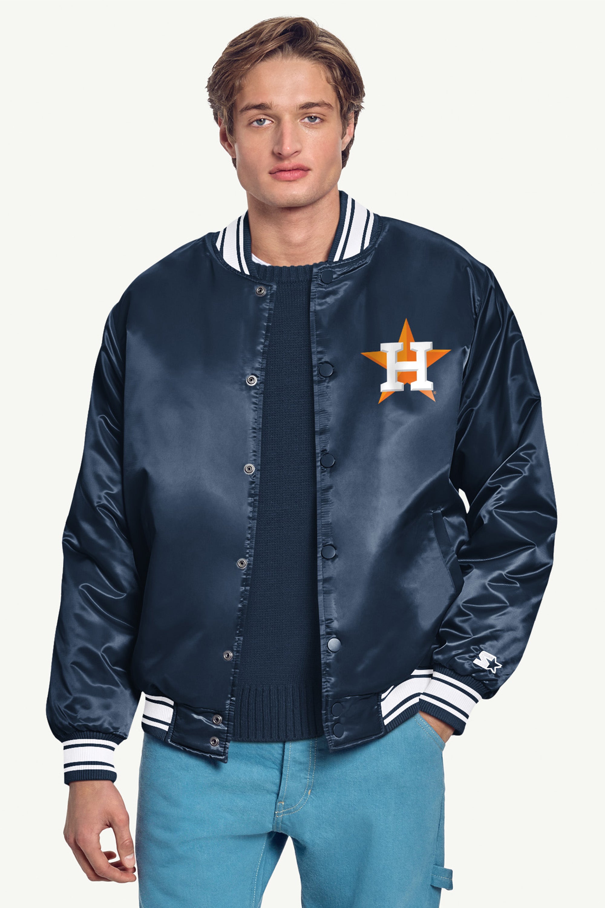 MENS HOUSTON ASTROS PRINTED HOMEPLATE SATIN VARSITY JACKET View 3 | Houston Astros