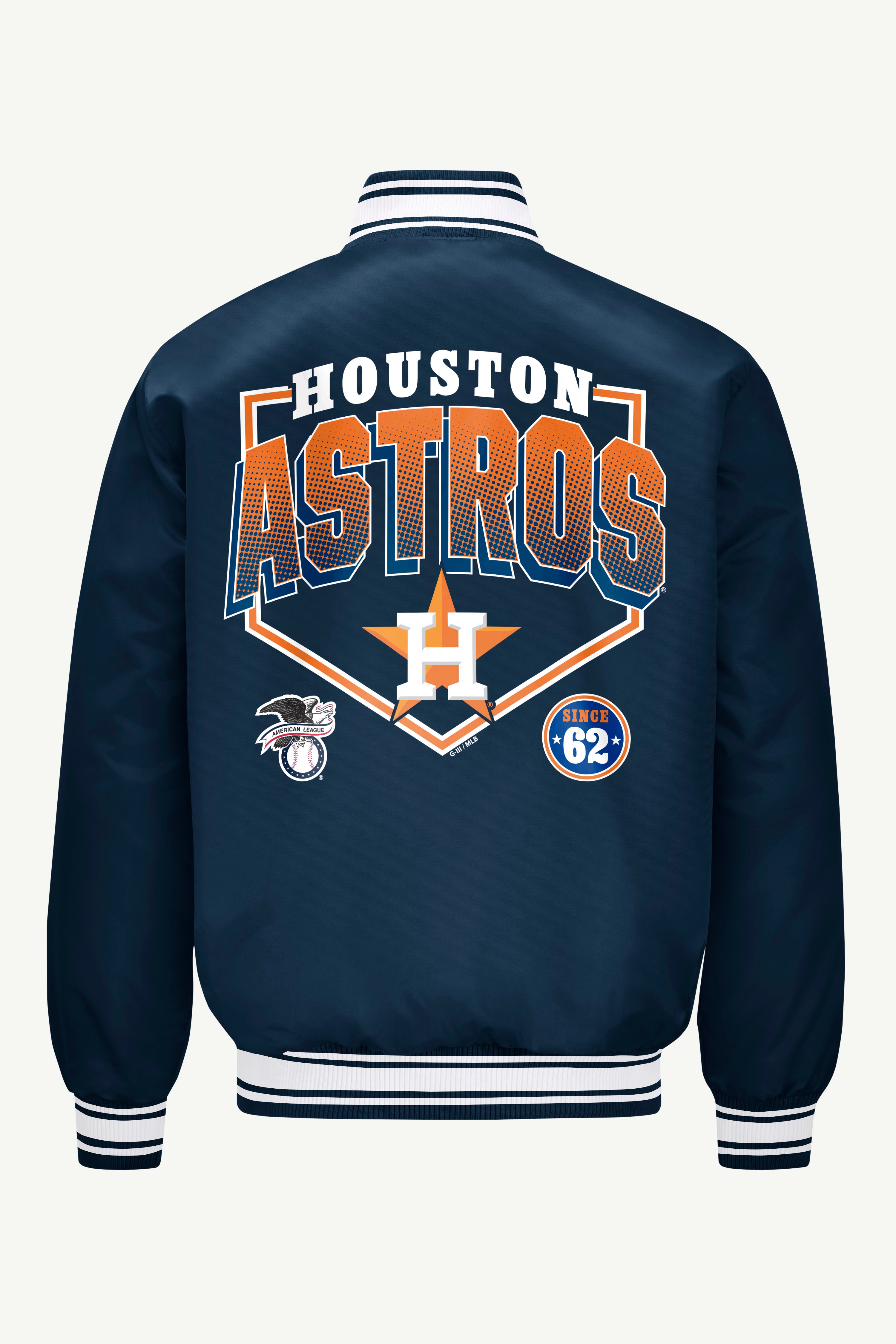 MENS HOUSTON ASTROS PRINTED HOMEPLATE SATIN VARSITY JACKET View 2 | Houston Astros