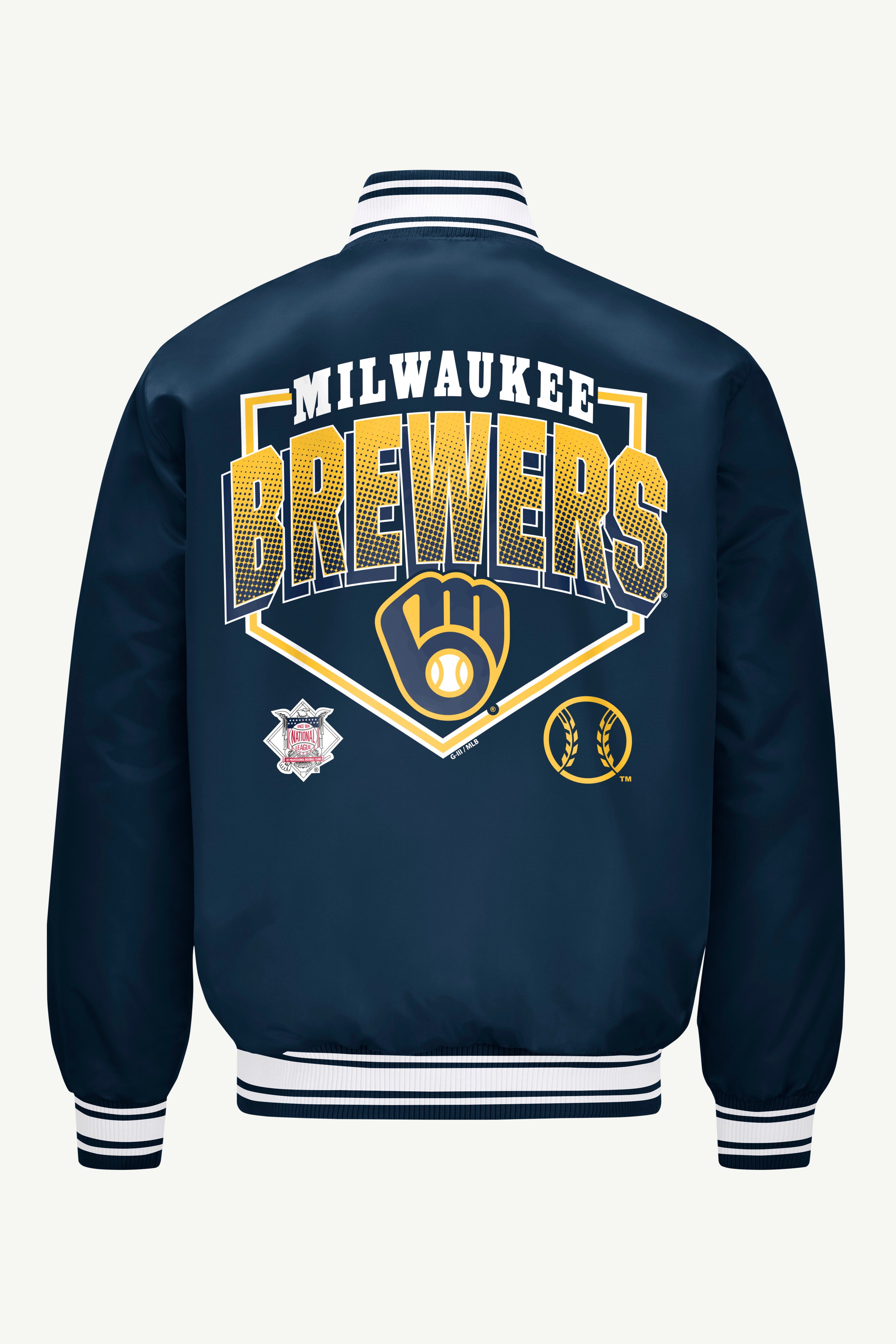 MENS MILWAUKEE BREWERS PRINTED HOMEPLATE SATIN VARSITY JACKET View 2 | Milwaukee Brewers
