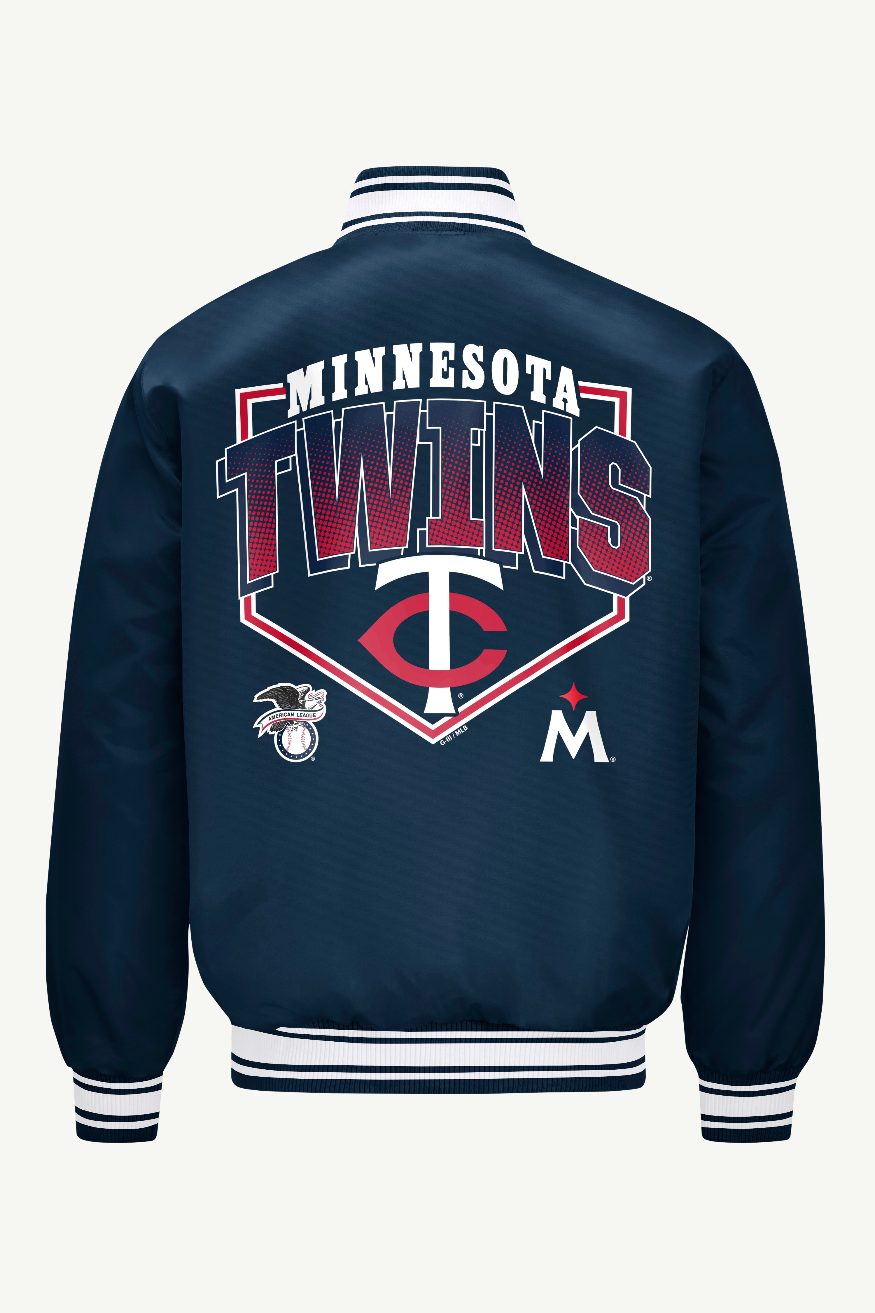 MENS MINNESOTA TWINS PRINTED HOMEPLATE SATIN VARSITY JACKET View 2 | Starter Jackets