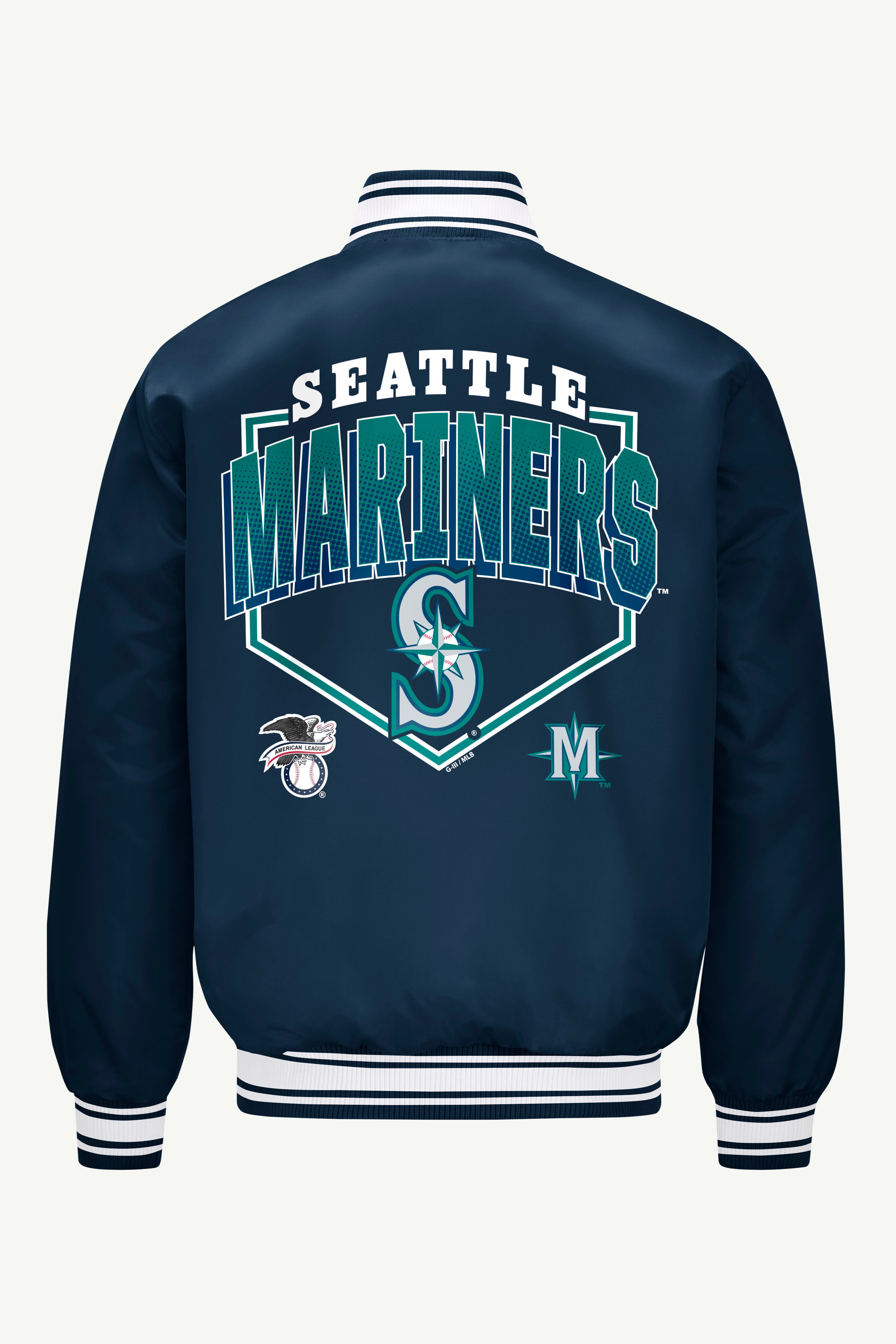 MENS SEATTLE MARINERS PRINTED HOMEPLATE SATIN VARSITY JACKET View 2