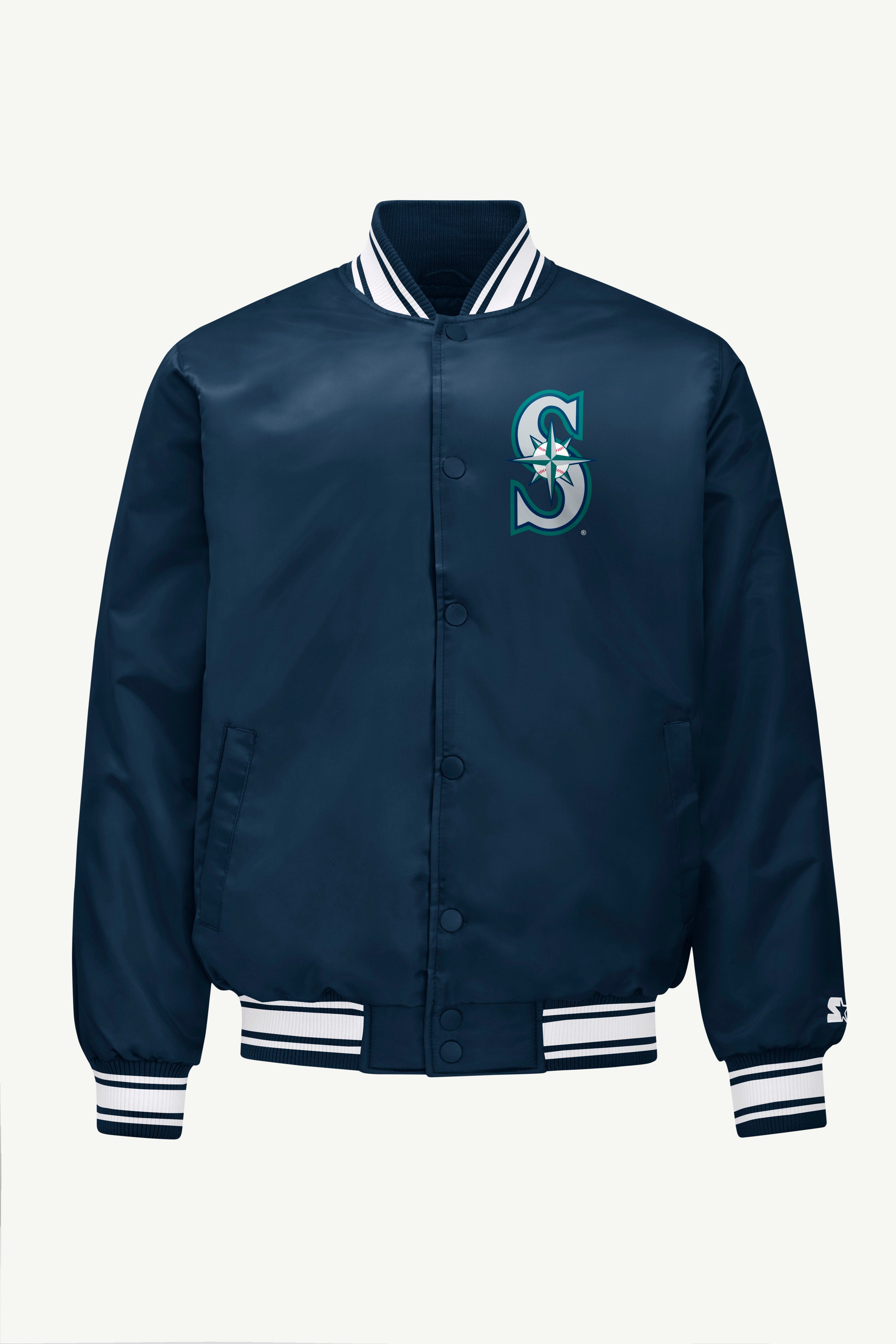 MENS SEATTLE MARINERS PRINTED HOMEPLATE SATIN VARSITY JACKET View 1 MENS SEATTLE MARINERS PRINTED HOMEPLATE SATIN VARSITY JACKET View 1