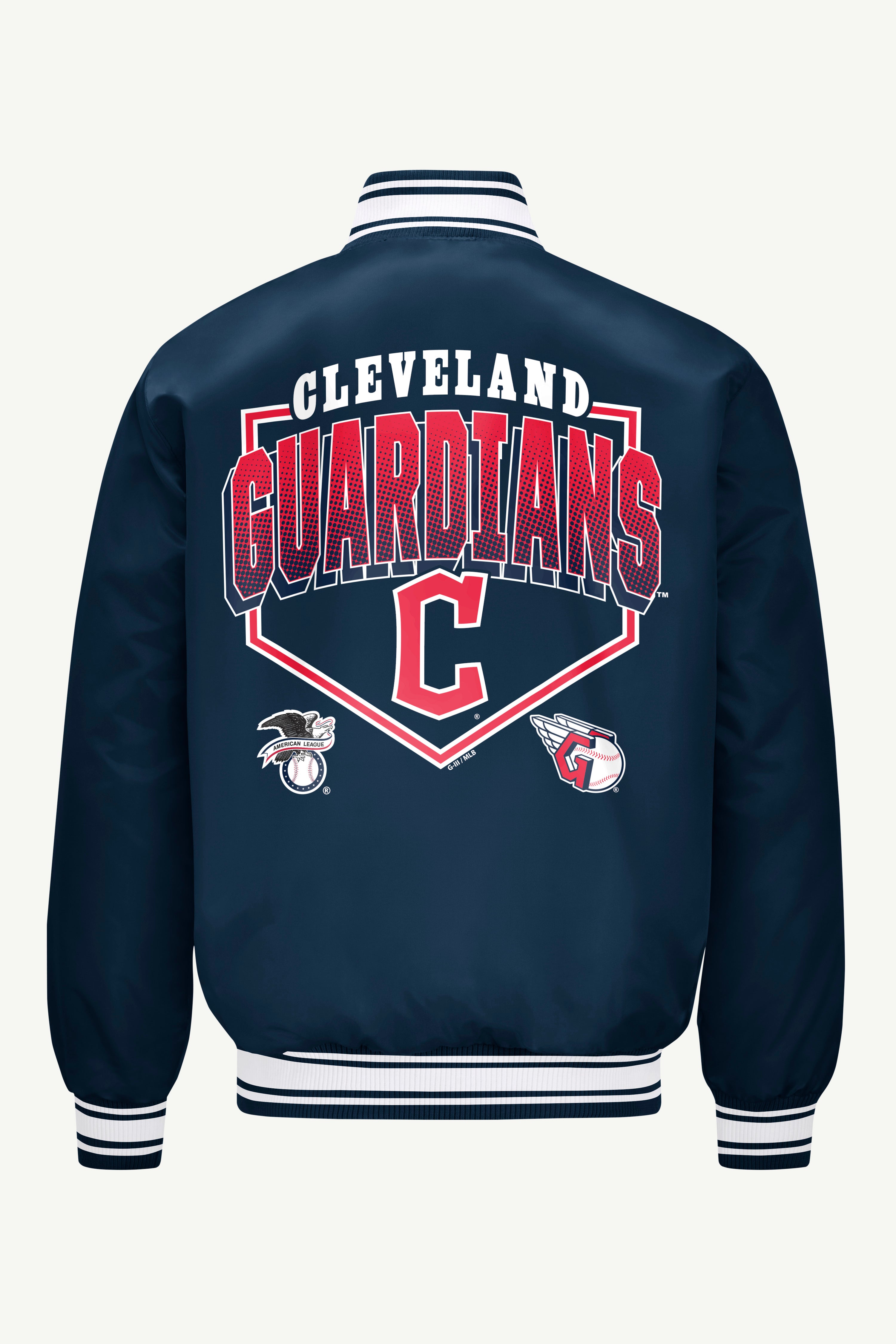 MENS CLEVELAND GUARDIANS PRINTED HOMEPLATE SATIN VARSITY JACKET View 2 | Satin Varsity Jackets MENS CLEVELAND GUARDIANS PRINTED HOMEPLATE SATIN VARSITY JACKET View 2 | Satin Varsity Jackets