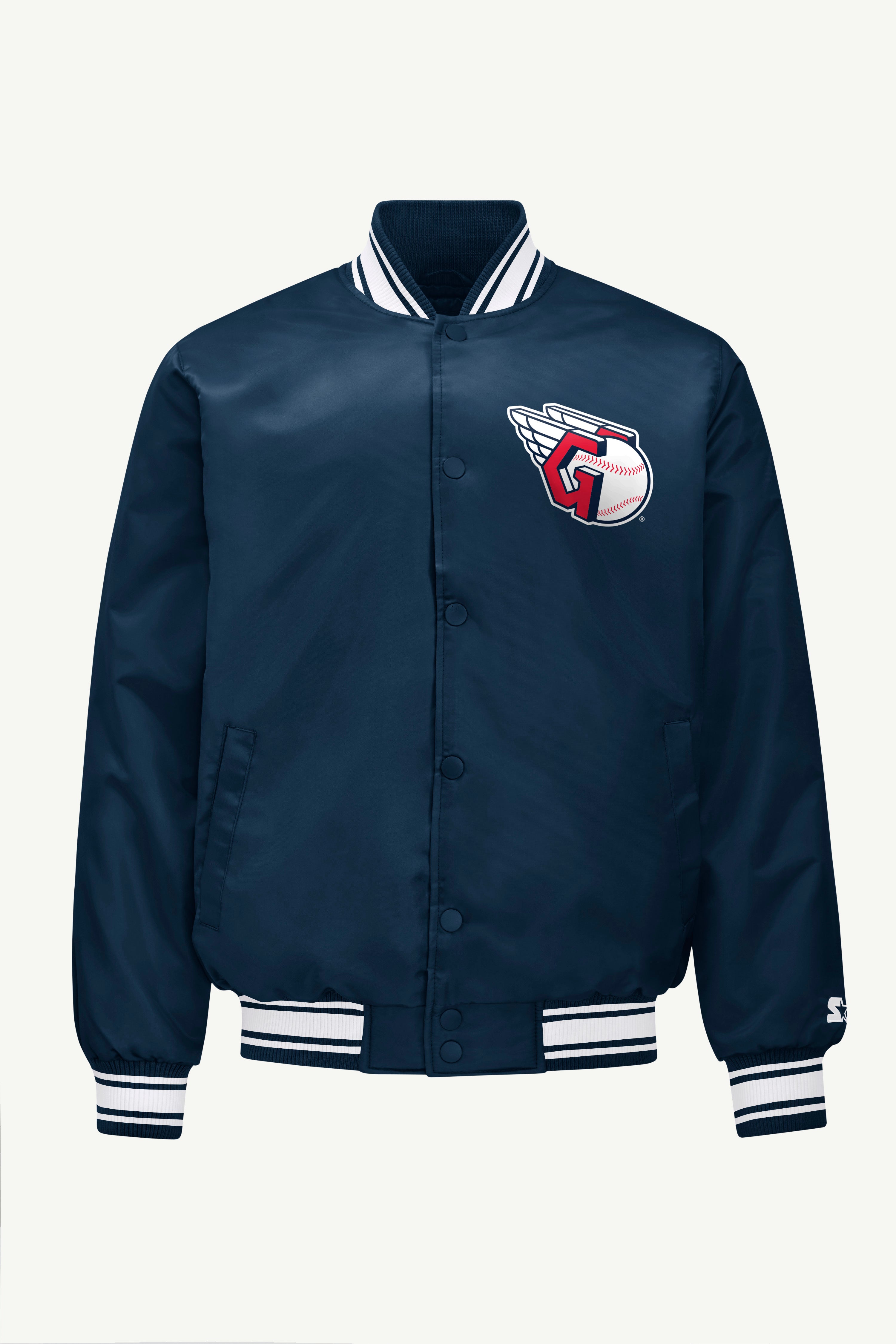 MENS CLEVELAND GUARDIANS PRINTED HOMEPLATE SATIN VARSITY JACKET View 1 | Satin Varsity Jackets