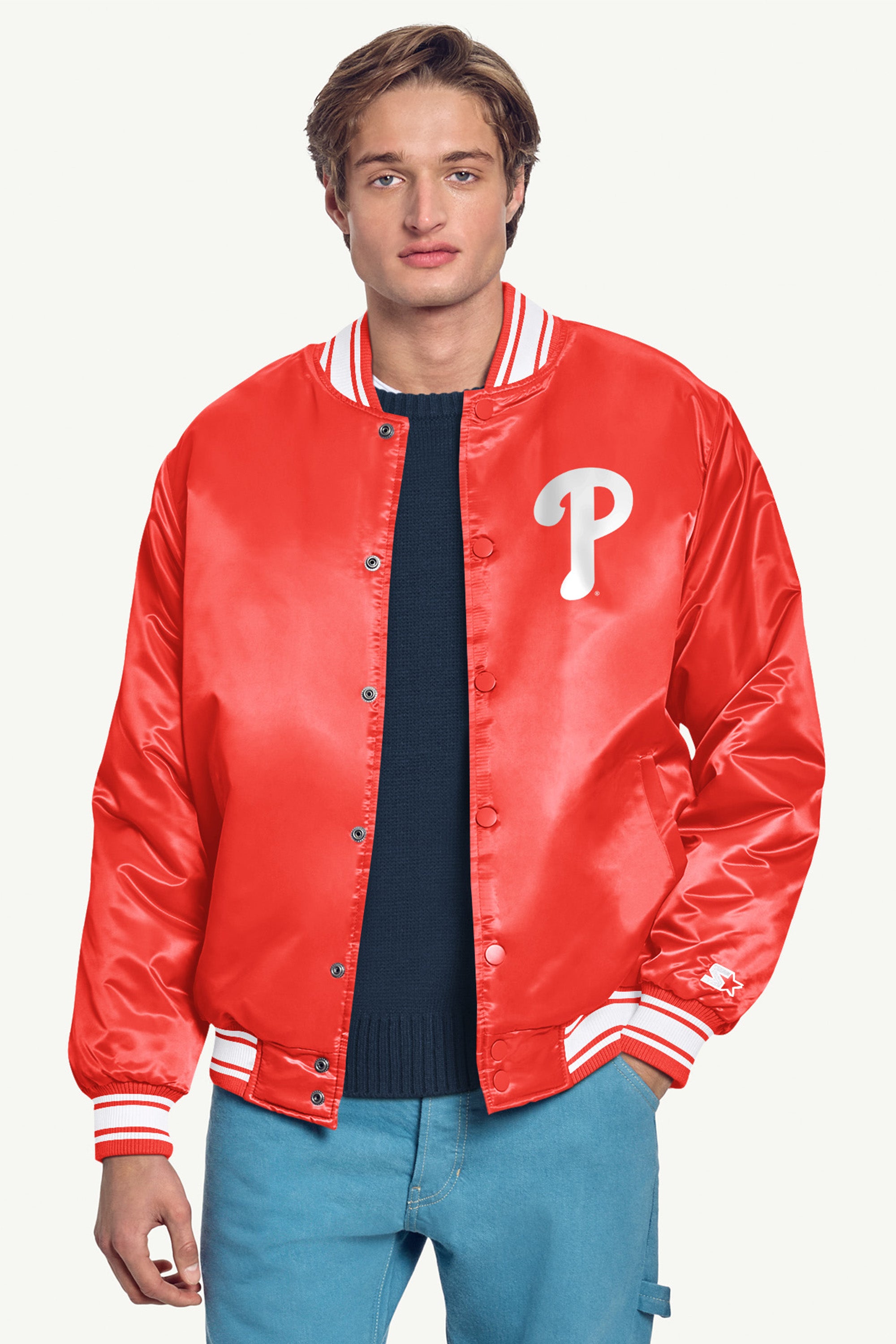 MENS PHILADELPHIA PHILLIES PRINTED HOMEPLATE SATIN VARSITY JACKET View 3 | Starter Jackets