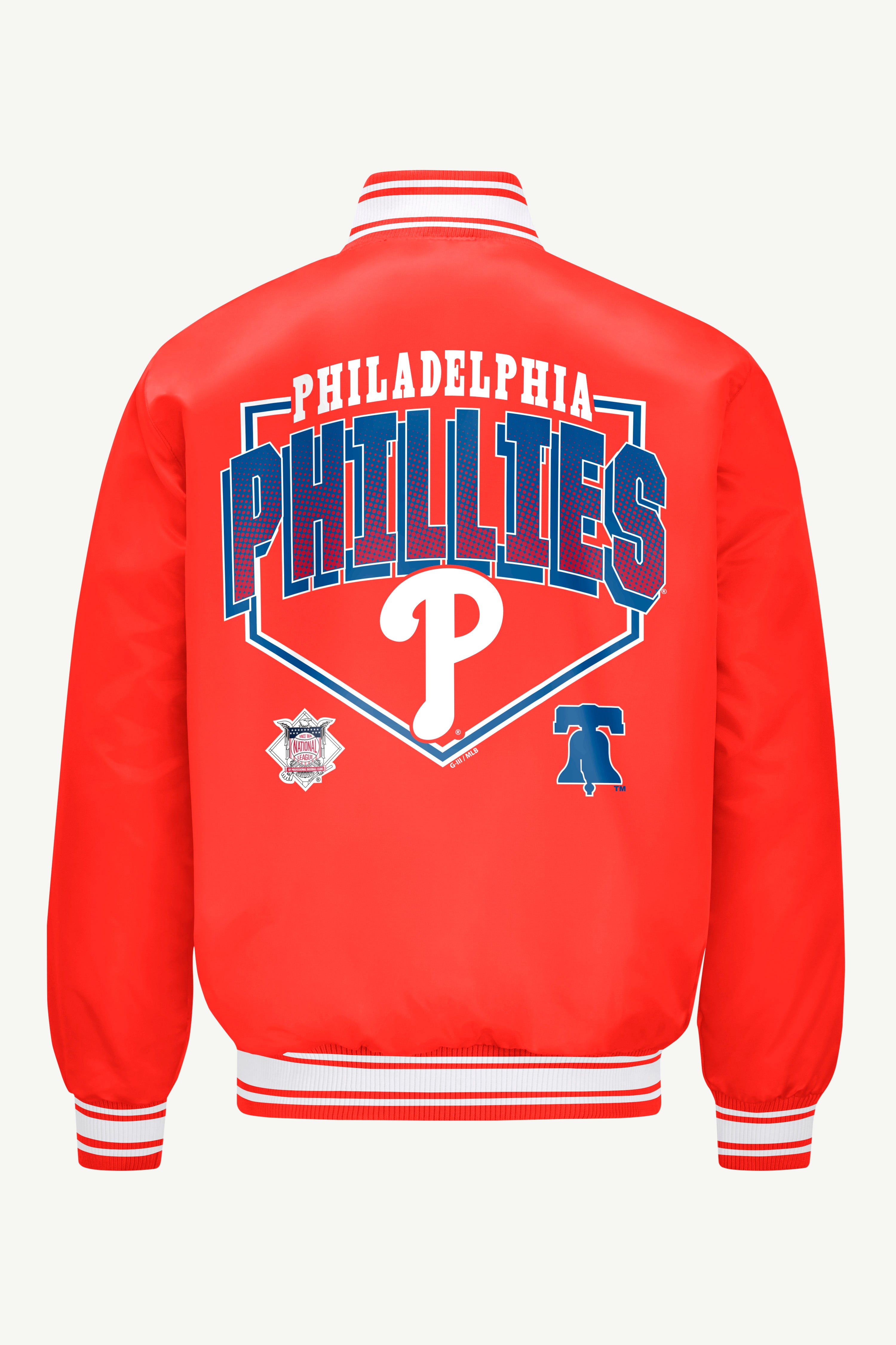 MENS PHILADELPHIA PHILLIES PRINTED HOMEPLATE SATIN VARSITY JACKET View 2 | Starter Jackets