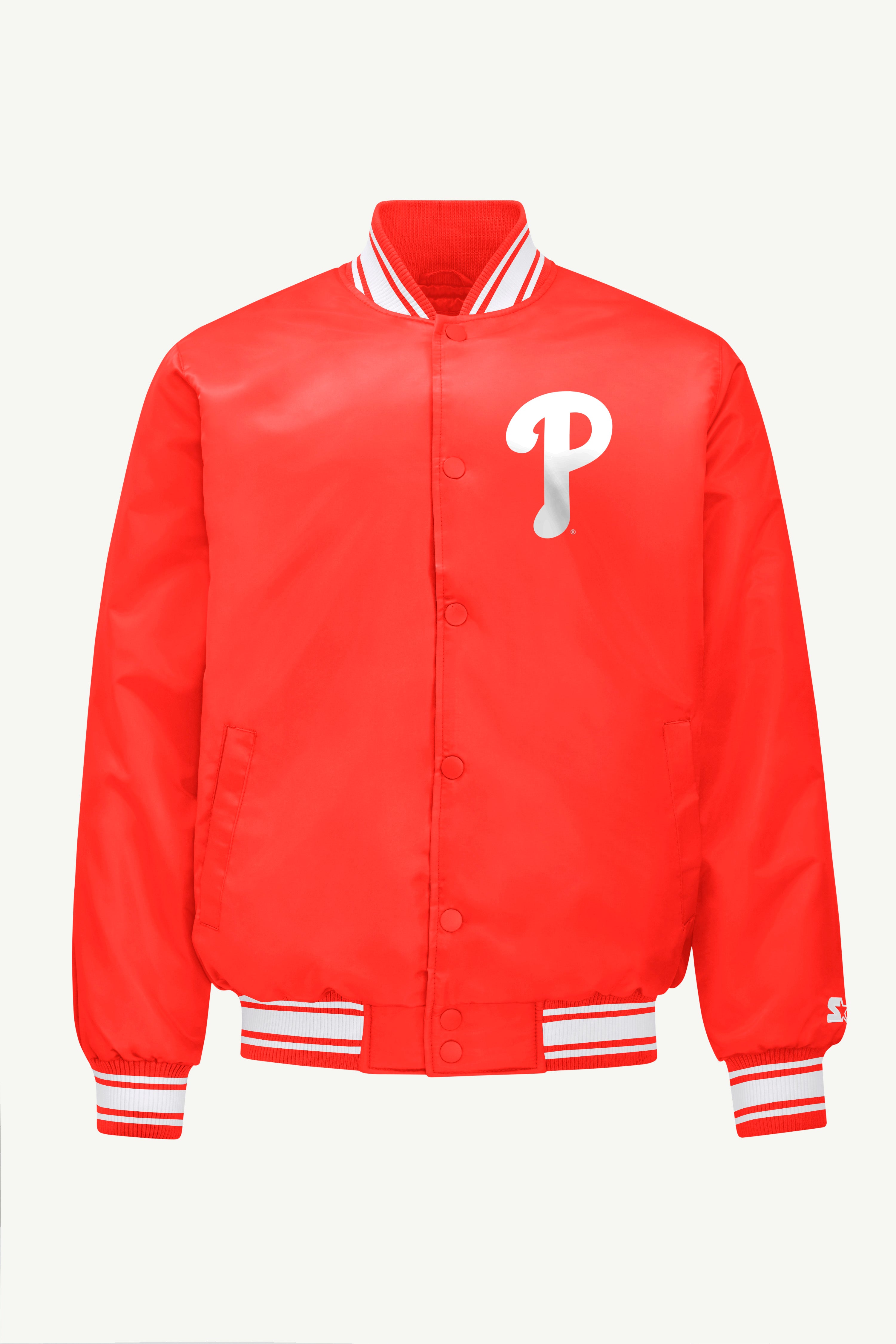 MENS PHILADELPHIA PHILLIES PRINTED HOMEPLATE SATIN VARSITY JACKET View 1 | Starter Jackets