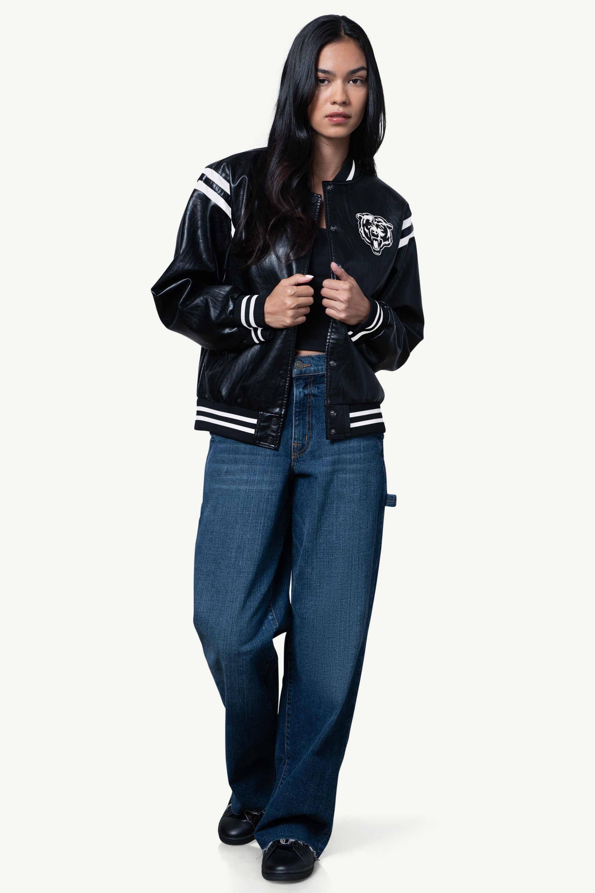 WOMENS CHICAGO BEARS FAUX LEATHER VARSITY JACKET View 2 | STARTER CLASSICS