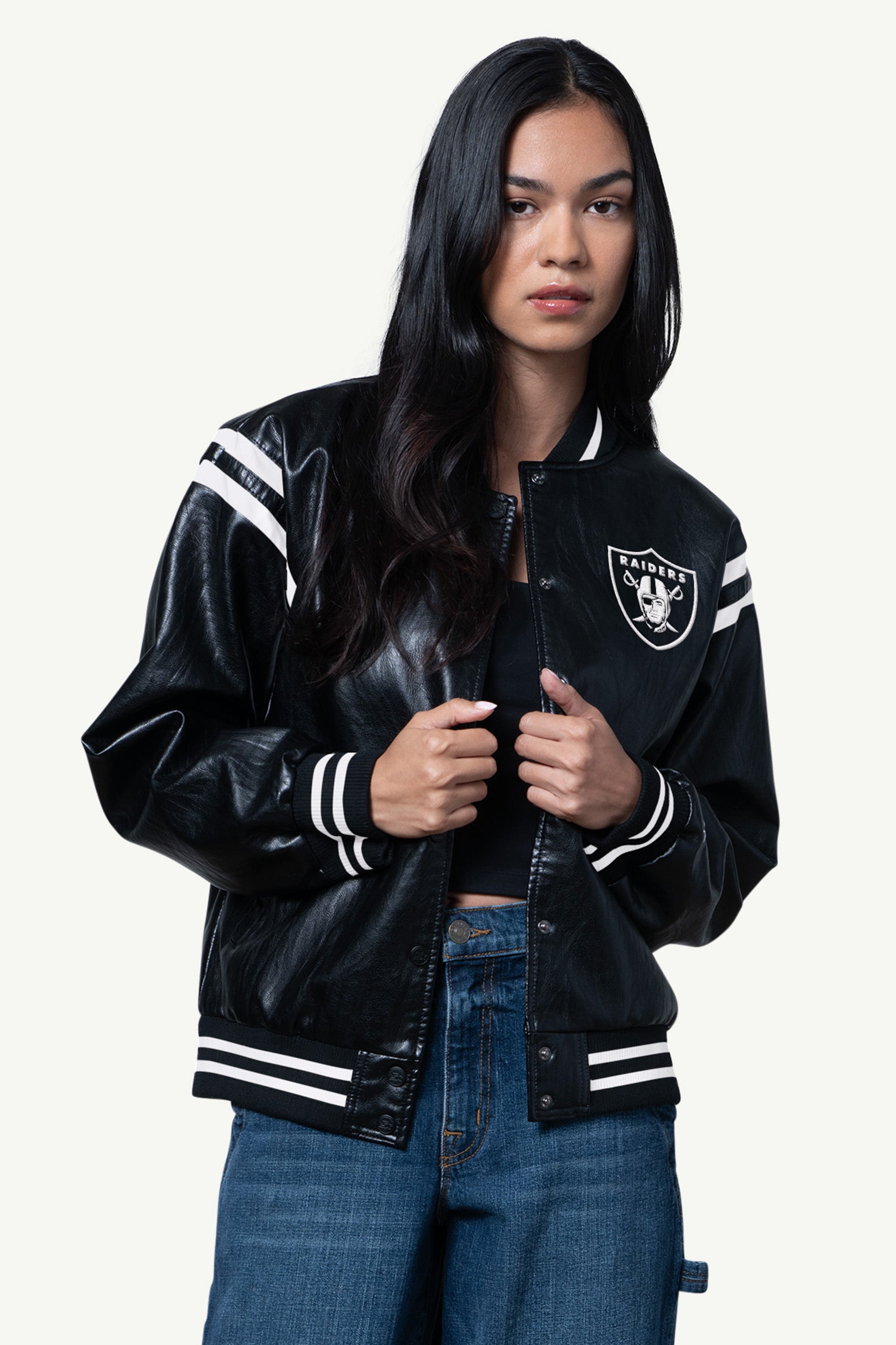 WOMENS LAS VEGAS RAIDERS FAUX LEATHER VARSITY JACKET View 1