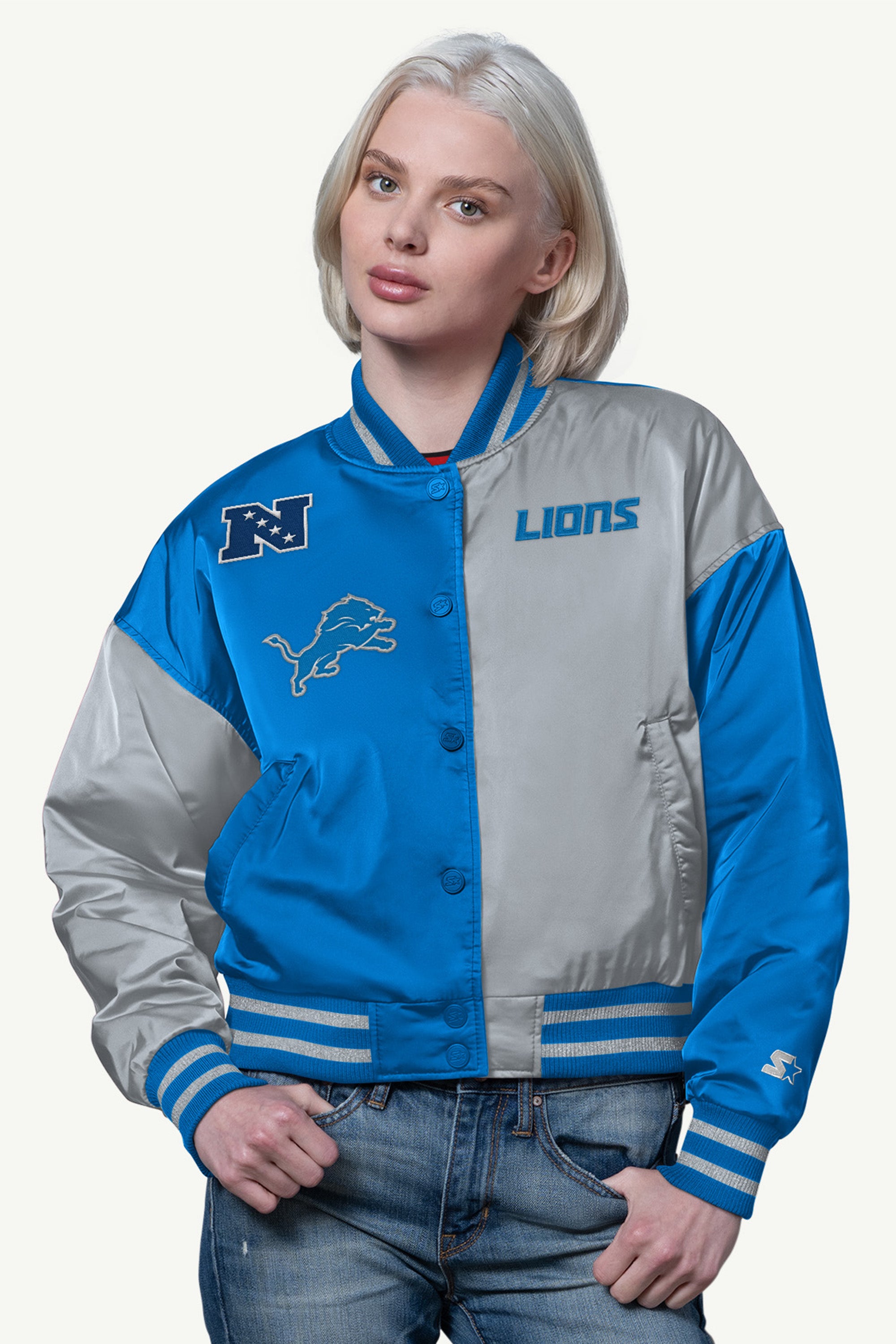 WOMENS DETROIT LIONS OFFSIDE SATIN VARSITY JACKET View 1 | NFL