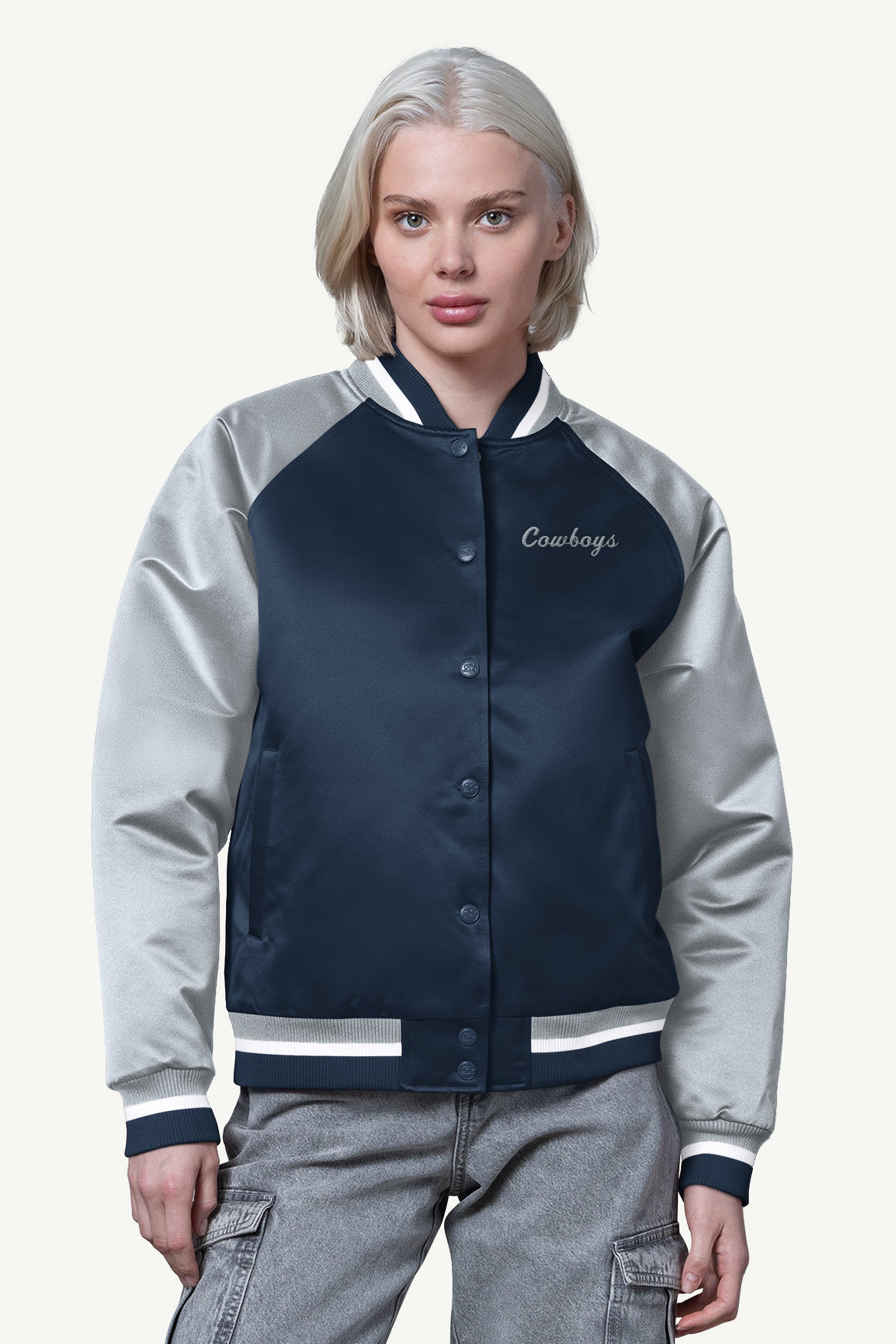 WOMENS DALLAS COWBOYS FINAL SCORE SATIN VARSITY JACKET View 1 | Dallas Cowboys