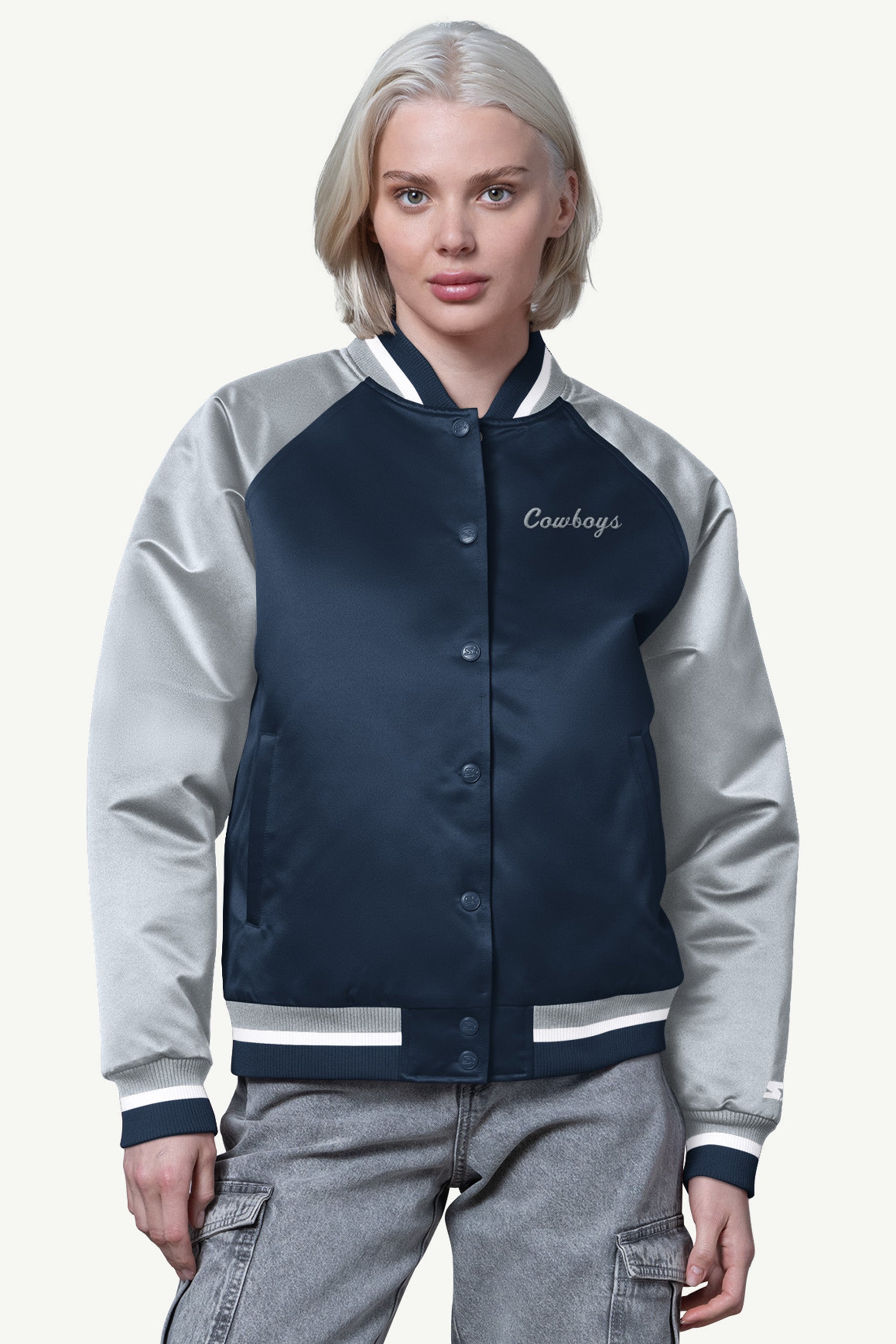 WOMENS DALLAS COWBOYS FINAL SCORE SATIN VARSITY JACKET View 1 | Gifts Under $200