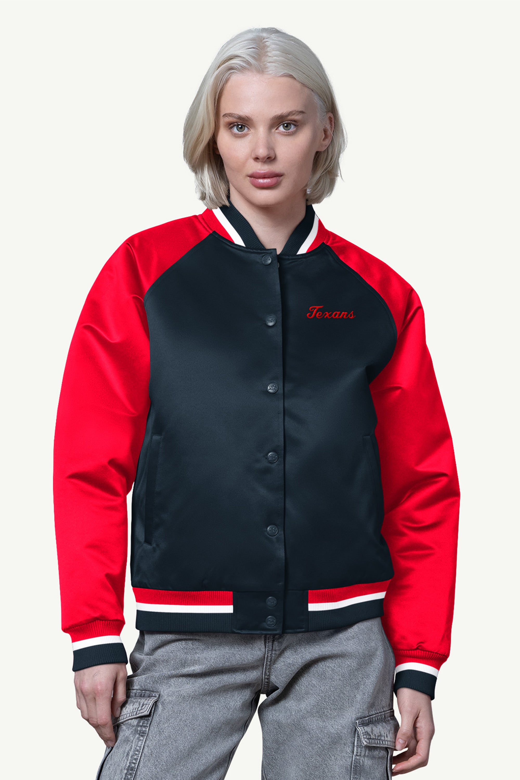 WOMENS HOUSTON TEXANS FINAL SCORE SATIN VARSITY JACKET View 1