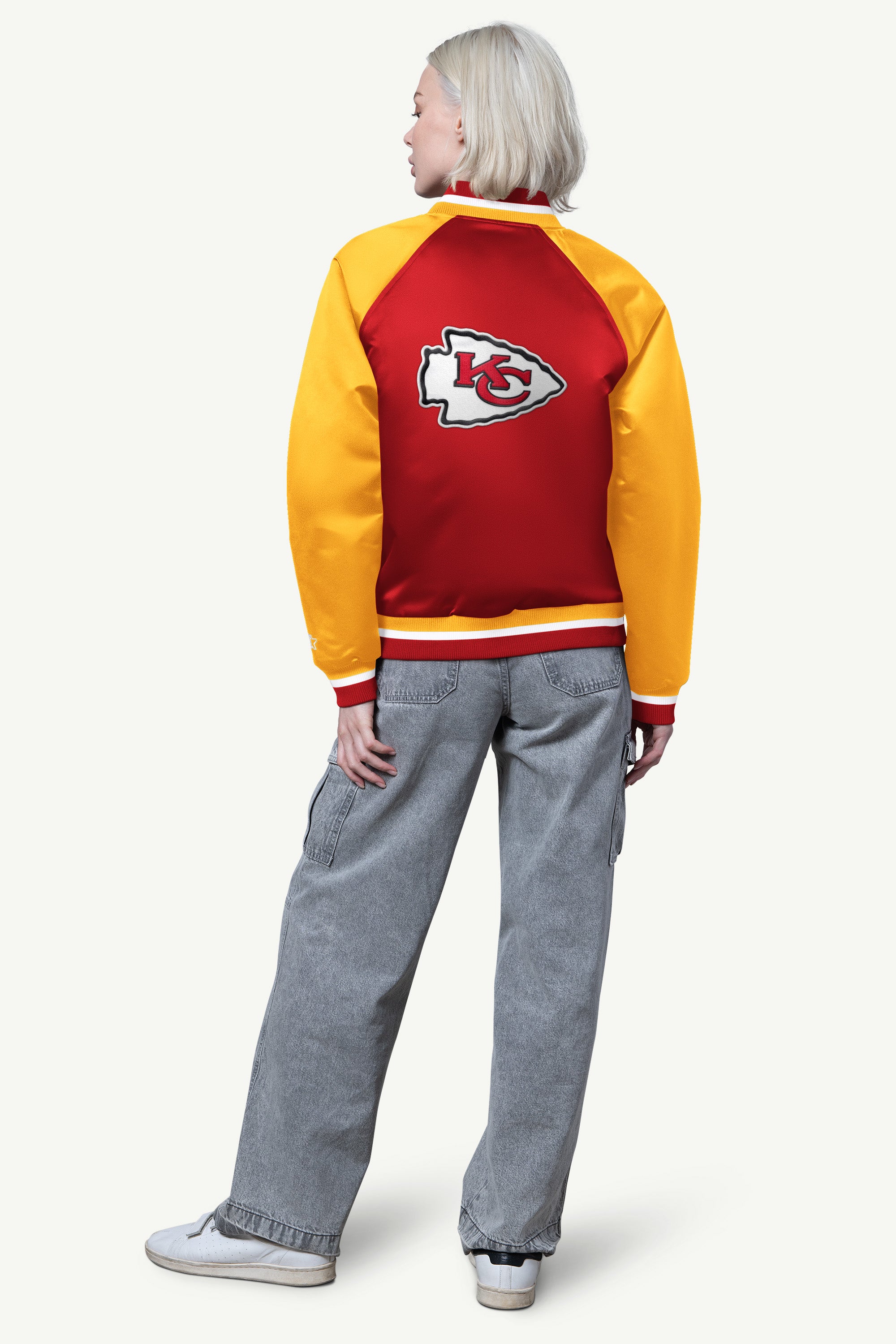 WOMENS KANSAS CITY CHIEFS FINAL SCORE SATIN VARSITY JACKET View 2 | Men's T-Shirts