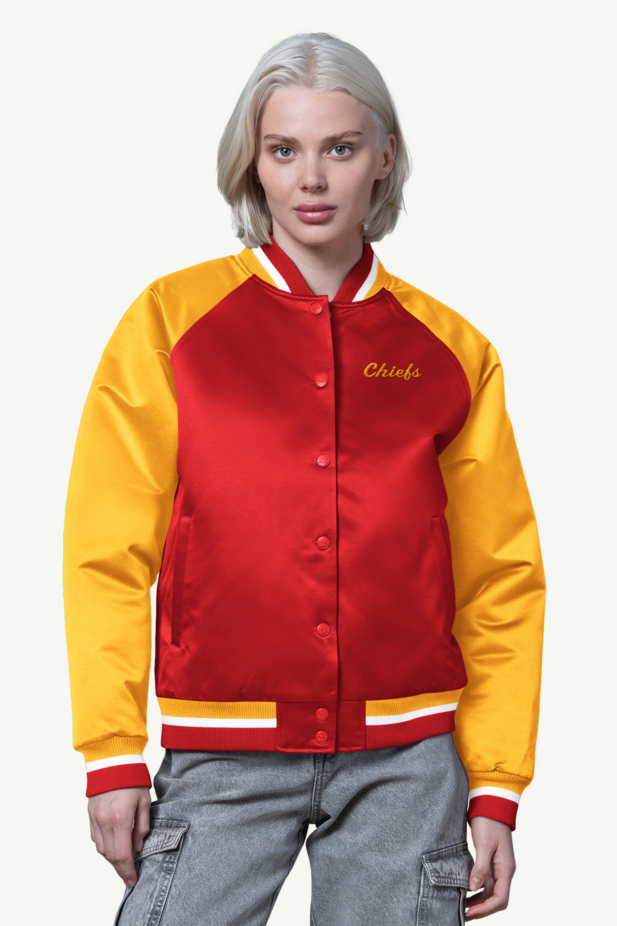 WOMENS KANSAS CITY CHIEFS FINAL SCORE SATIN VARSITY JACKET View 1 | Men's T-Shirts