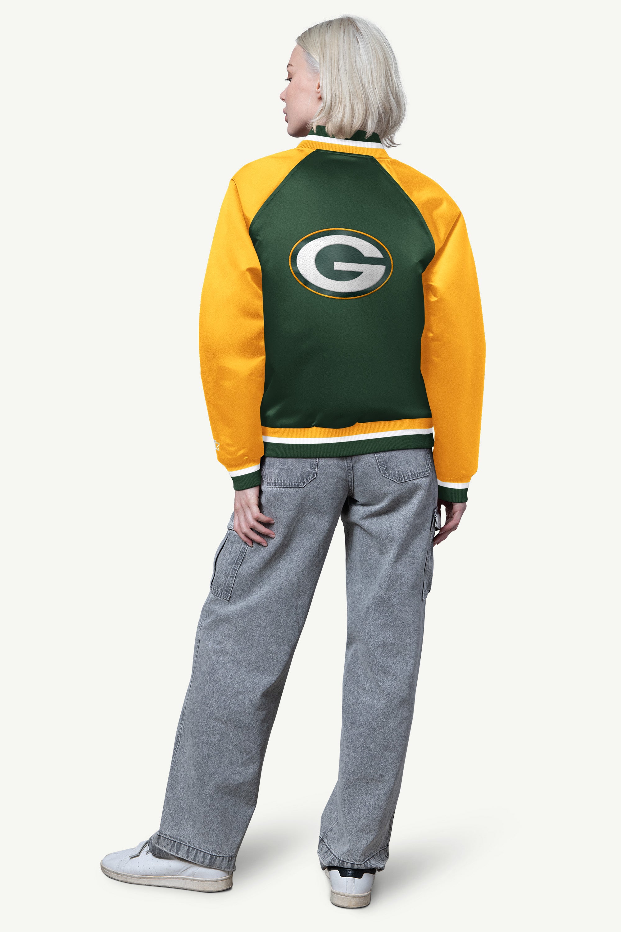WOMENS GREEN BAY PACKERS FINAL SCORE SATIN VARSITY JACKET View 2 | Green Bay Packers