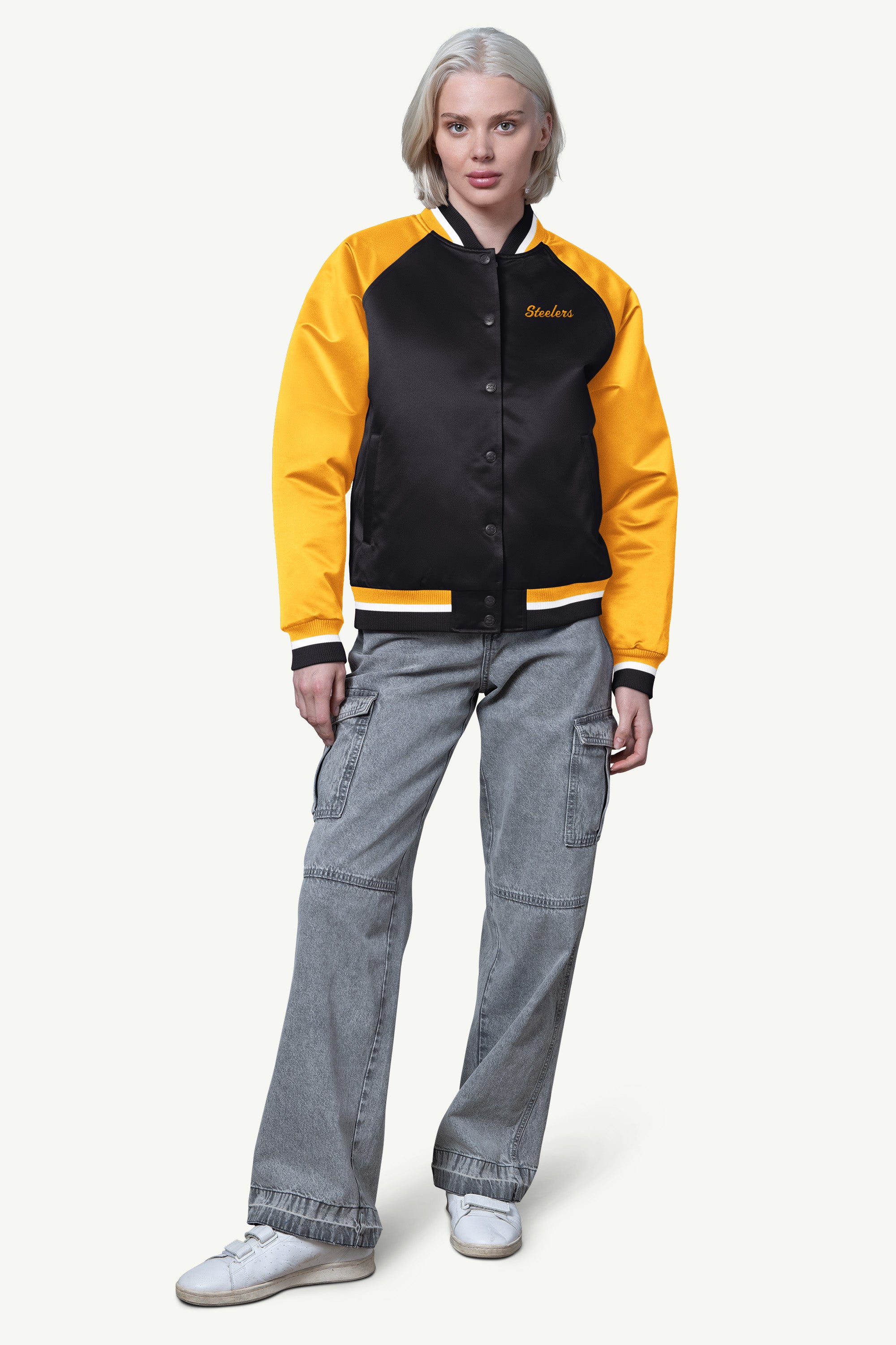 WOMENS PITTSBURGH STEELERS FINAL SCORE SATIN VARSITY JACKET View 3 | Pittsburgh Steelers