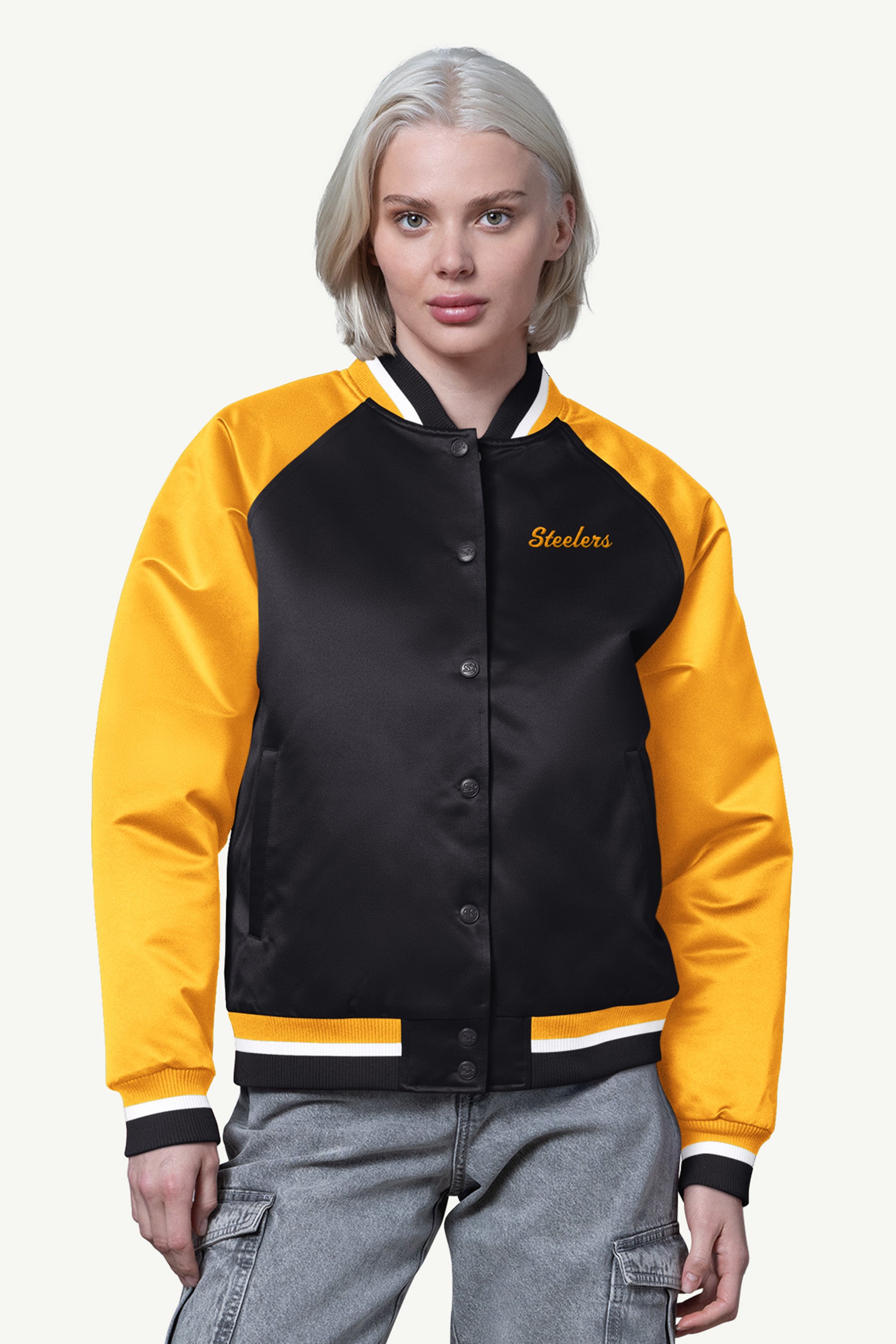 WOMENS PITTSBURGH STEELERS FINAL SCORE SATIN VARSITY JACKET View 1 | Pittsburgh Steelers