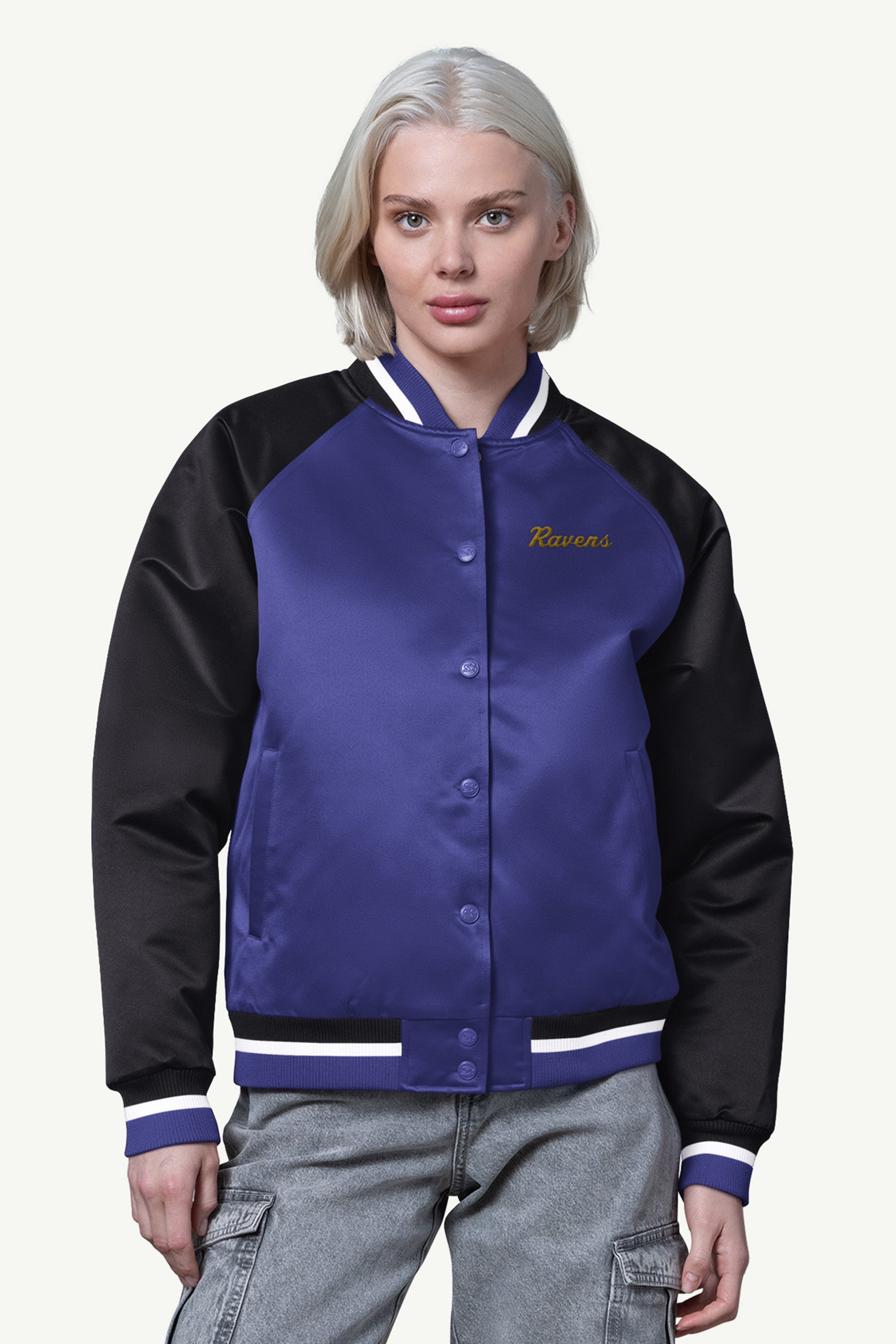 WOMENS BALTIMORE RAVENS FINAL SCORE SATIN VARSITY JACKET View 1 | Baltimore Ravens