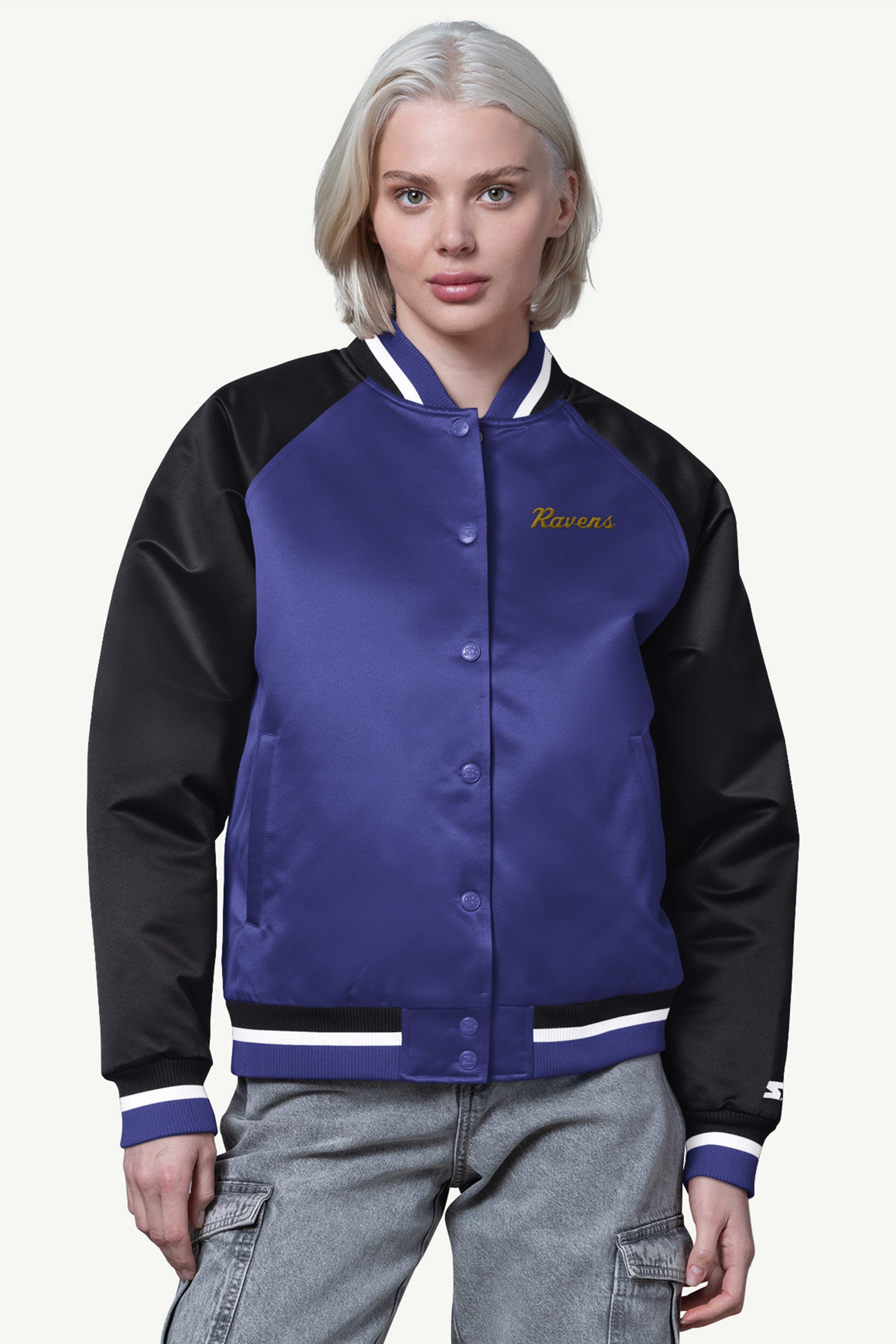 WOMENS BALTIMORE RAVENS FINAL SCORE SATIN VARSITY JACKET View 1 | Gifts for Her WOMENS BALTIMORE RAVENS FINAL SCORE SATIN VARSITY JACKET View 1 | Gifts for Her