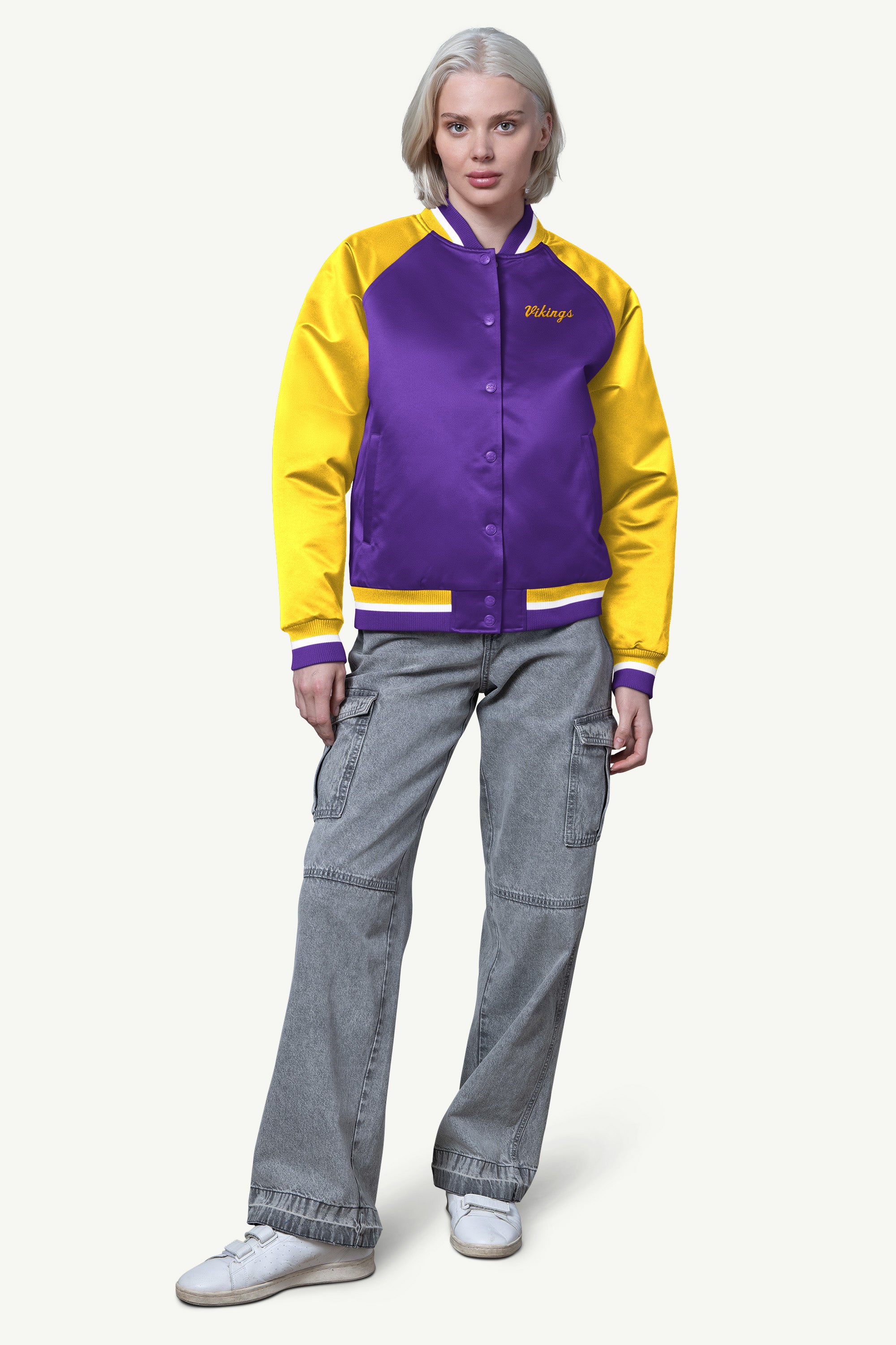 WOMENS MINNESOTA VIKINGS FINAL SCORE SATIN VARSITY JACKET View 3