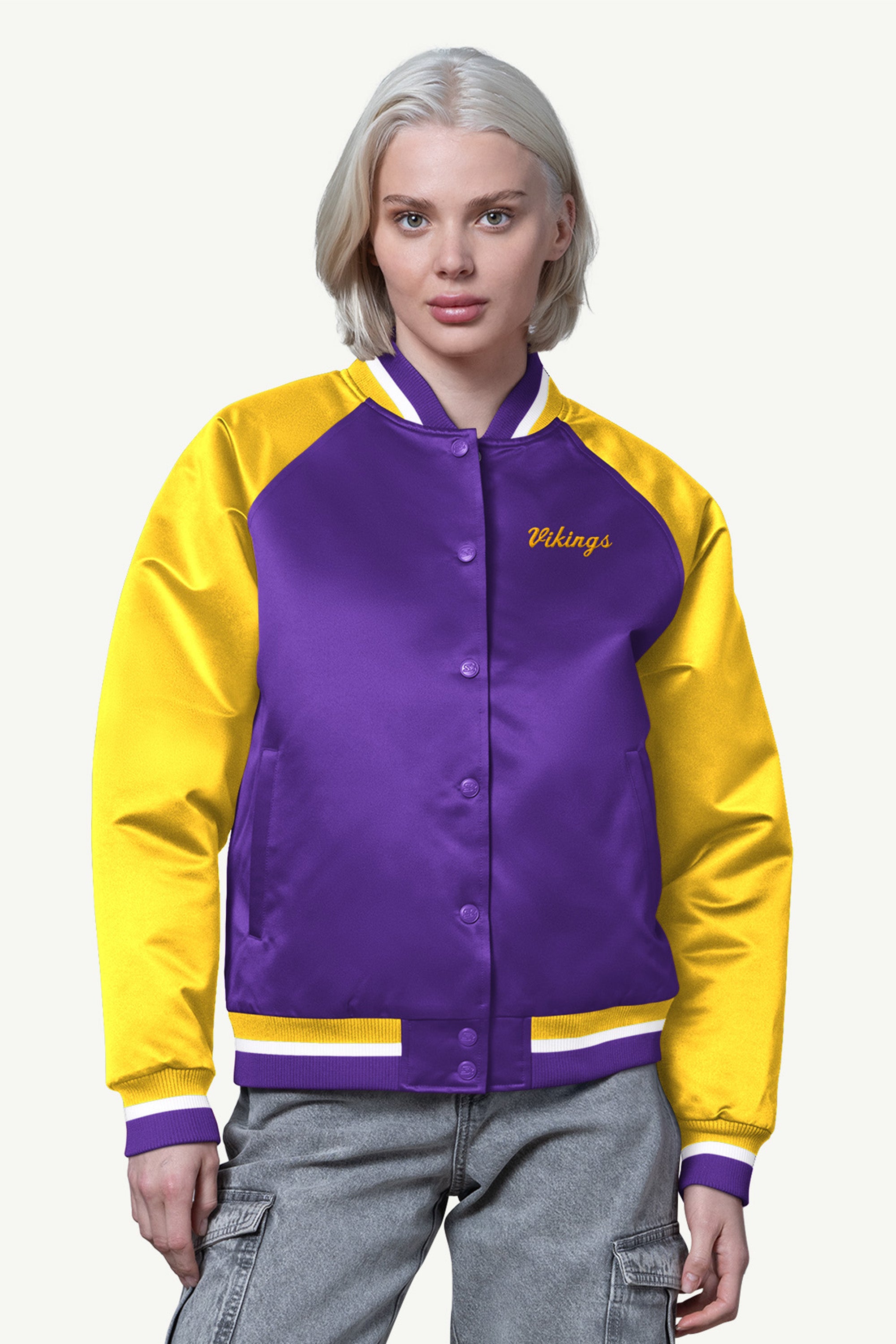 WOMENS MINNESOTA VIKINGS FINAL SCORE SATIN VARSITY JACKET View 1