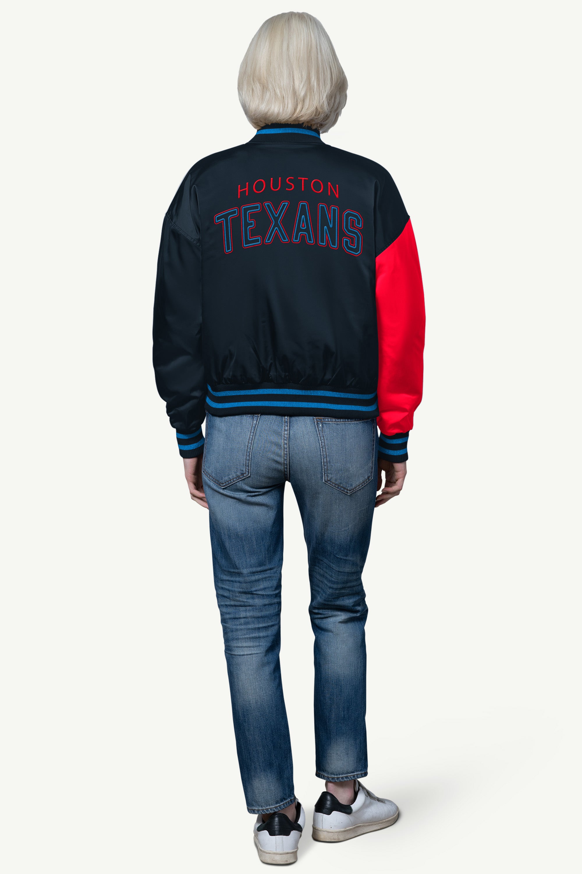 WOMENS HOUSTON TEXANS OFFSIDE SATIN VARSITY JACKET View 3 | Houston Texans