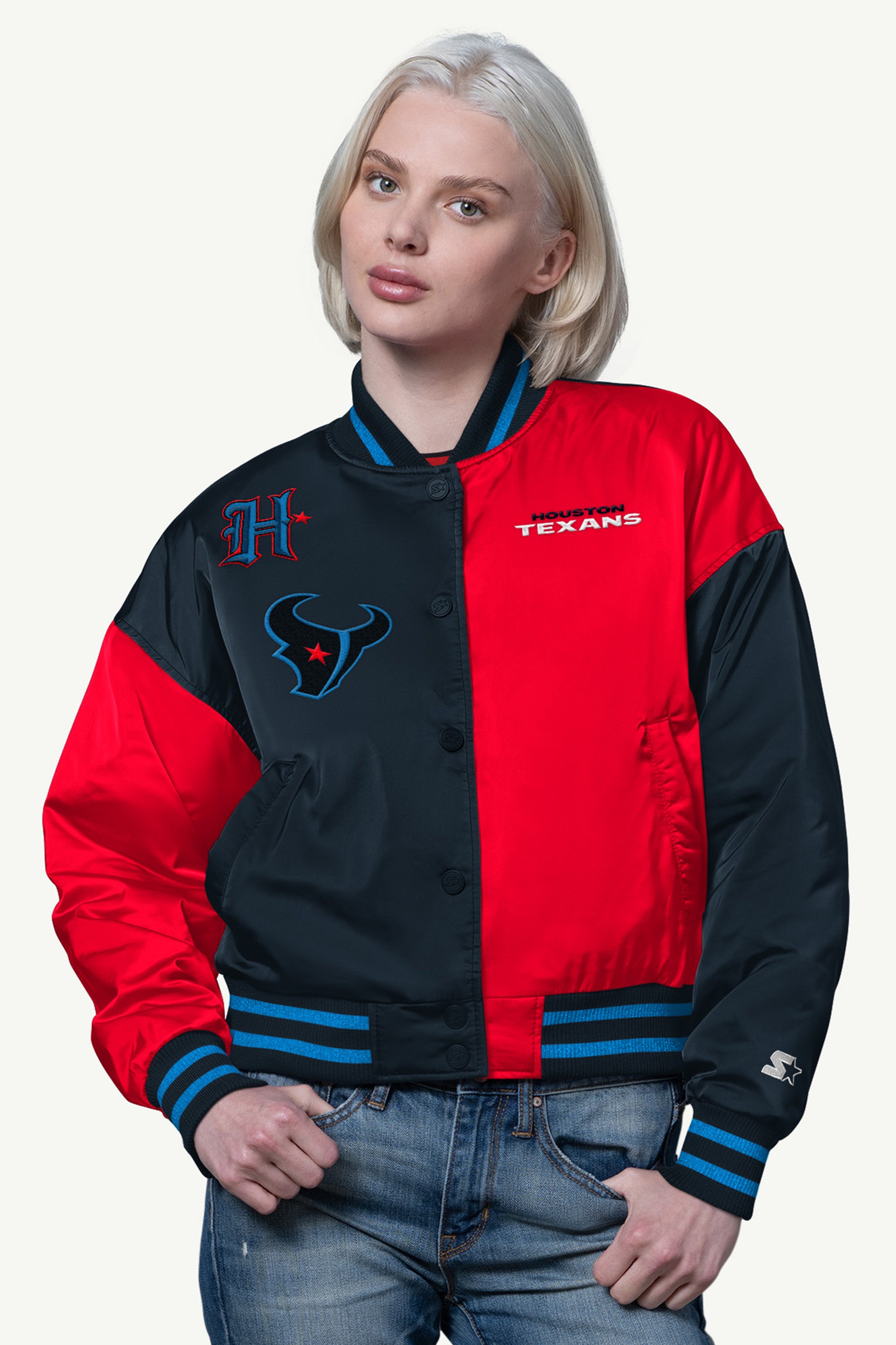 WOMENS HOUSTON TEXANS OFFSIDE SATIN VARSITY JACKET View 1 | Houston Texans