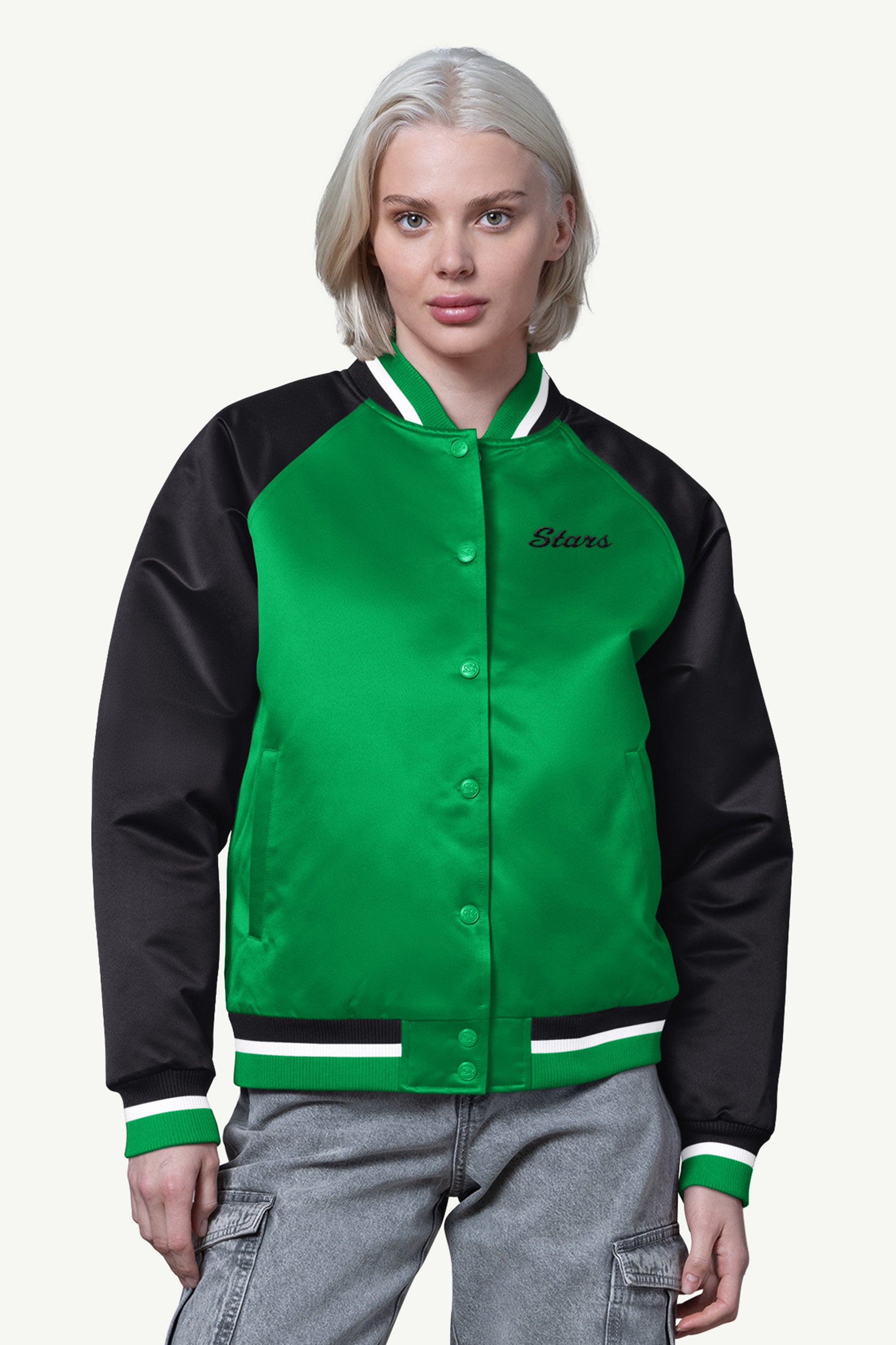WOMENS DALLAS STARS FINAL SCORE SATIN VARSITY JACKET View 1 | Dallas Stars