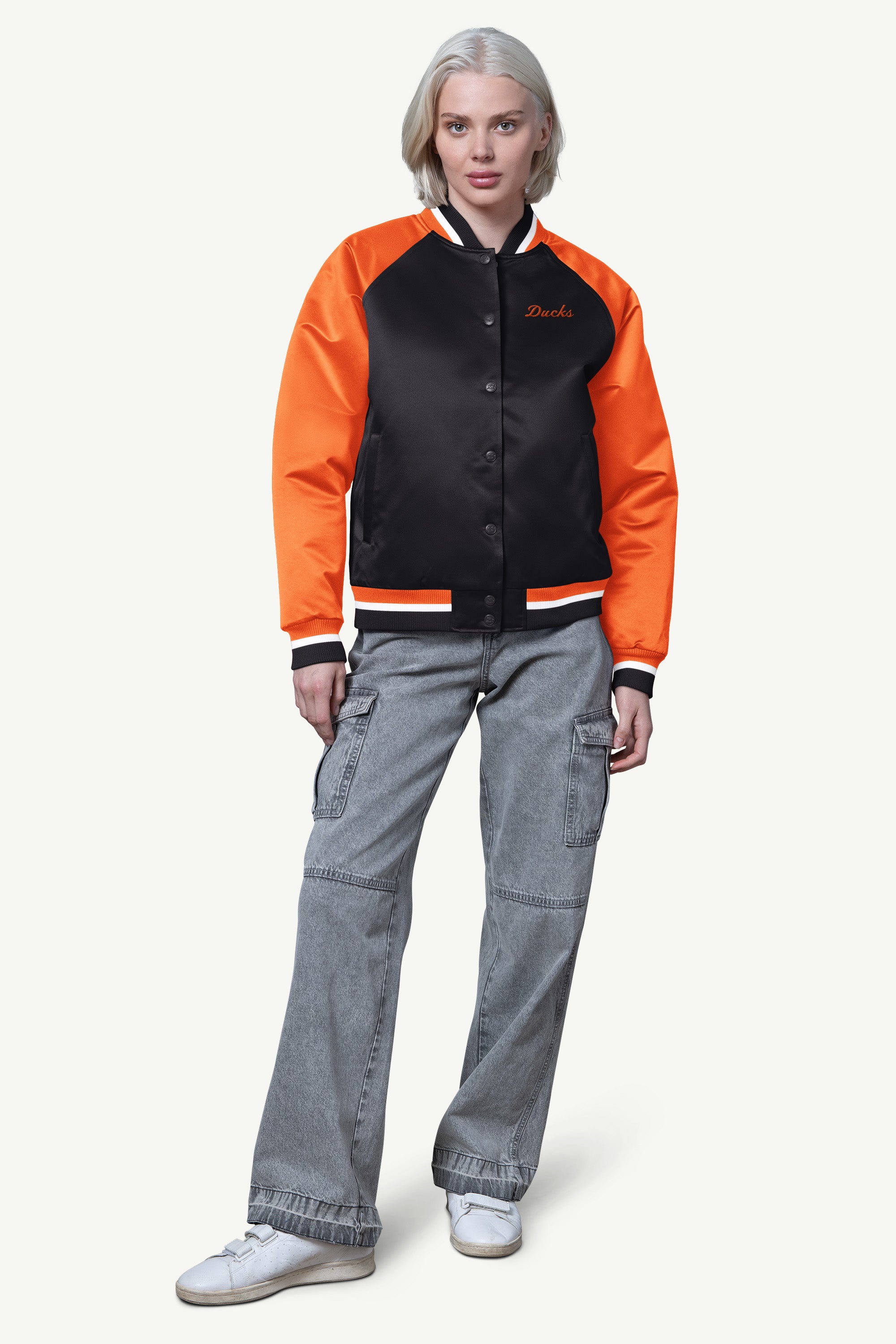 WOMENS ANAHAEIM DUCKS FINAL SCORE SATIN VARSITY JACKET View 3 | Anaheim Ducks