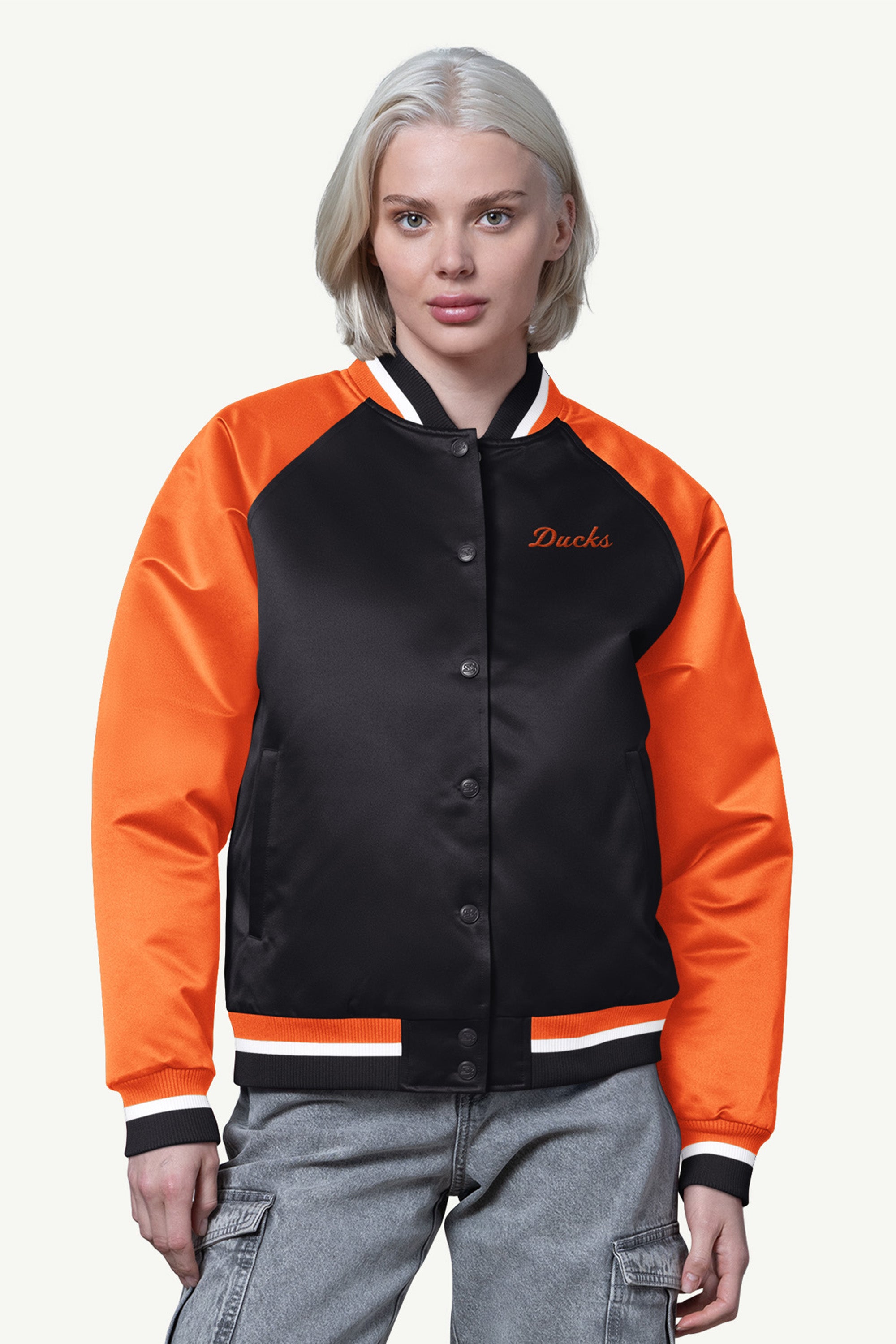 WOMENS ANAHAEIM DUCKS FINAL SCORE SATIN VARSITY JACKET View 1 | Anaheim Ducks