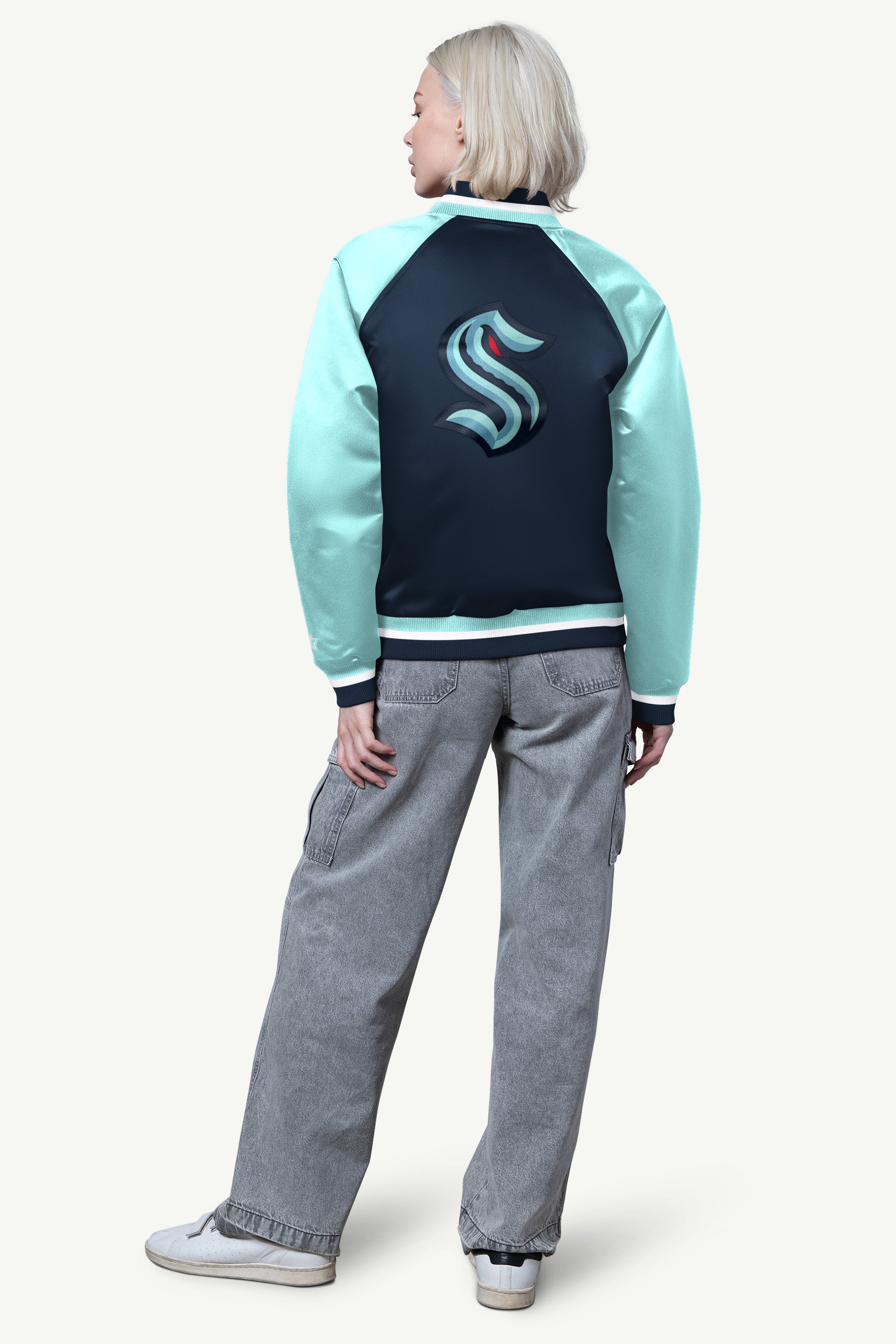 WOMENS SEATTLE KRAKEN FINAL SCORE SATIN VARSITY JACKET View 2 | Seattle Kraken
