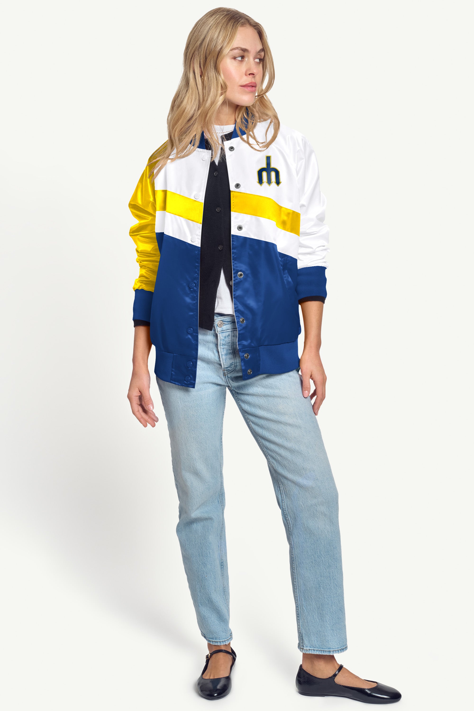 WOMENS SEATTLE MARINERS SATIN VARSITY JACKET View 3