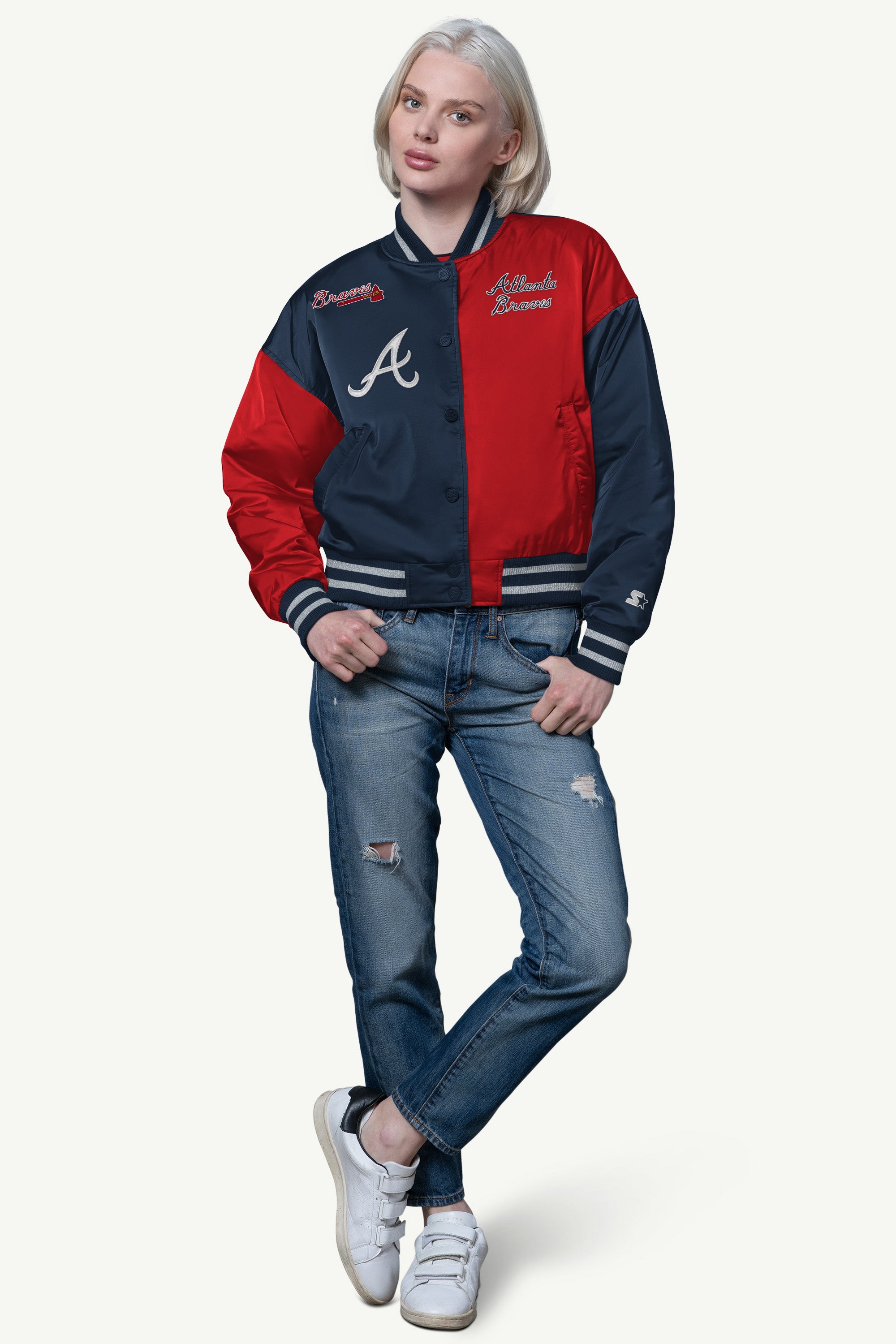 WOMENS ATLANTA BRAVES OFFSIDE SATIN VARSITY JACKET View 3 | STARTER CLASSICS