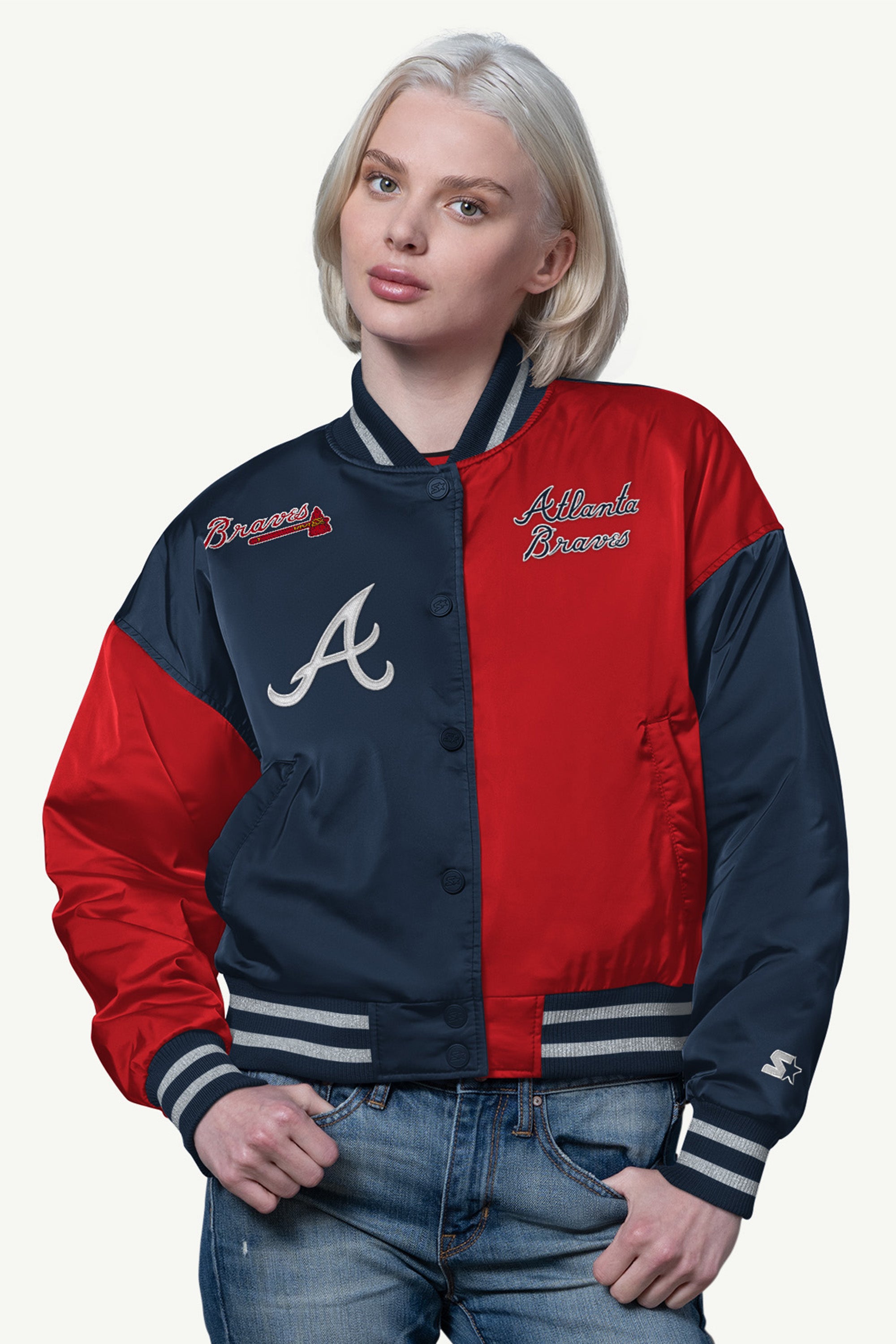 WOMENS ATLANTA BRAVES OFFSIDE SATIN VARSITY JACKET View 1 | STARTER CLASSICS