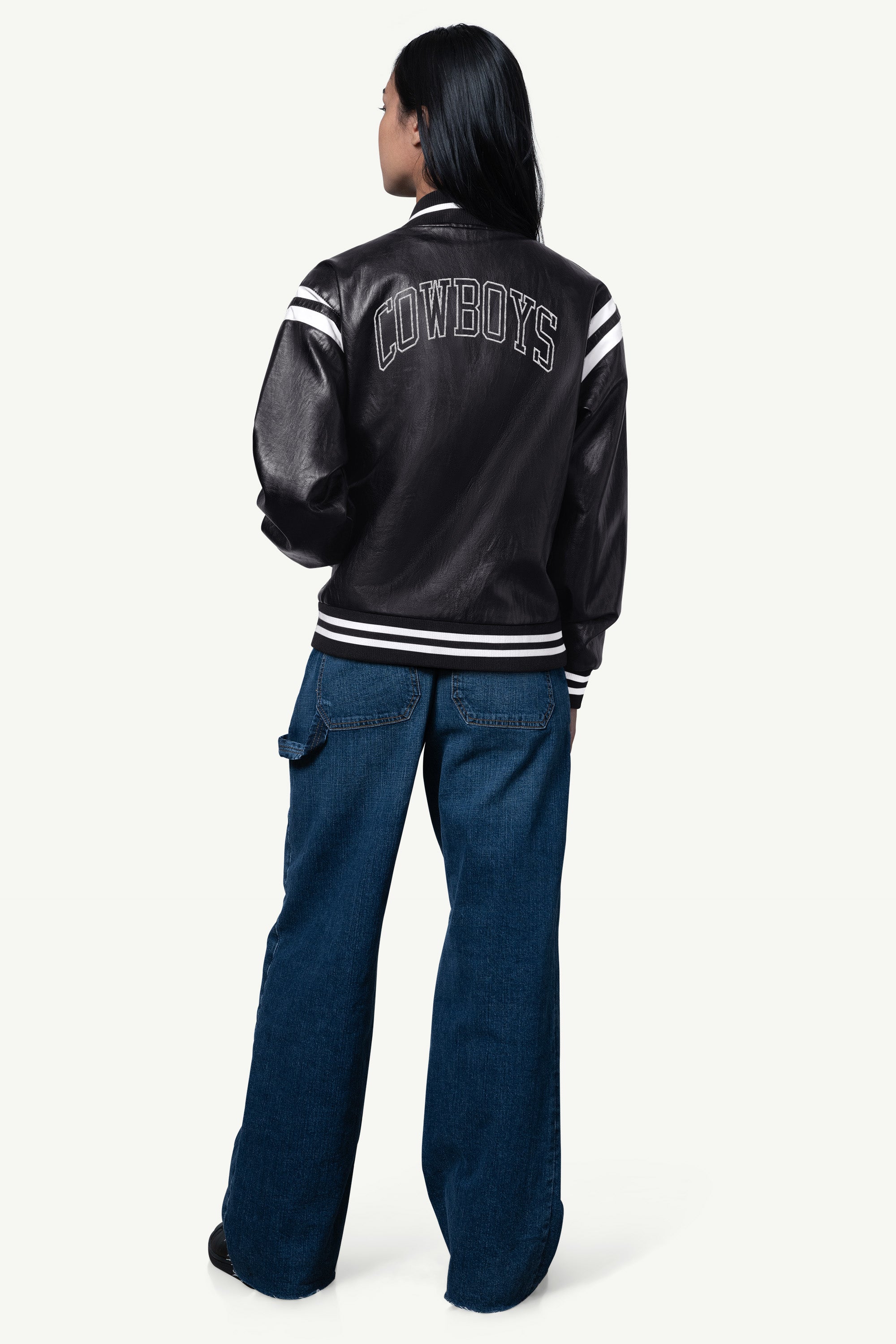 WOMENS DALLAS COWBOYS FAUX LEATHER VARSITY JACKET View 2 | Dallas Cowboys