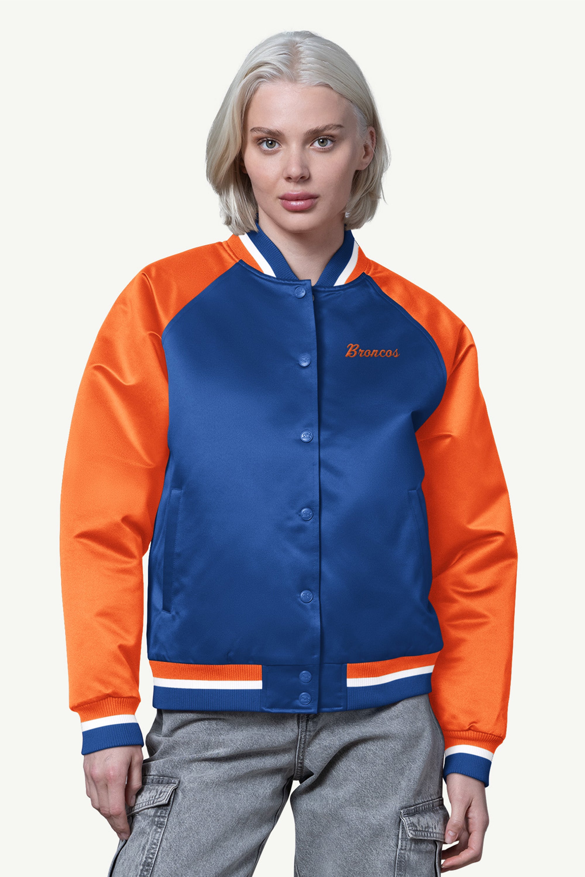 WOMENS DENVER BRONCOS FINAL SCORE SATIN VARSITY JACKET View 1 | NFL