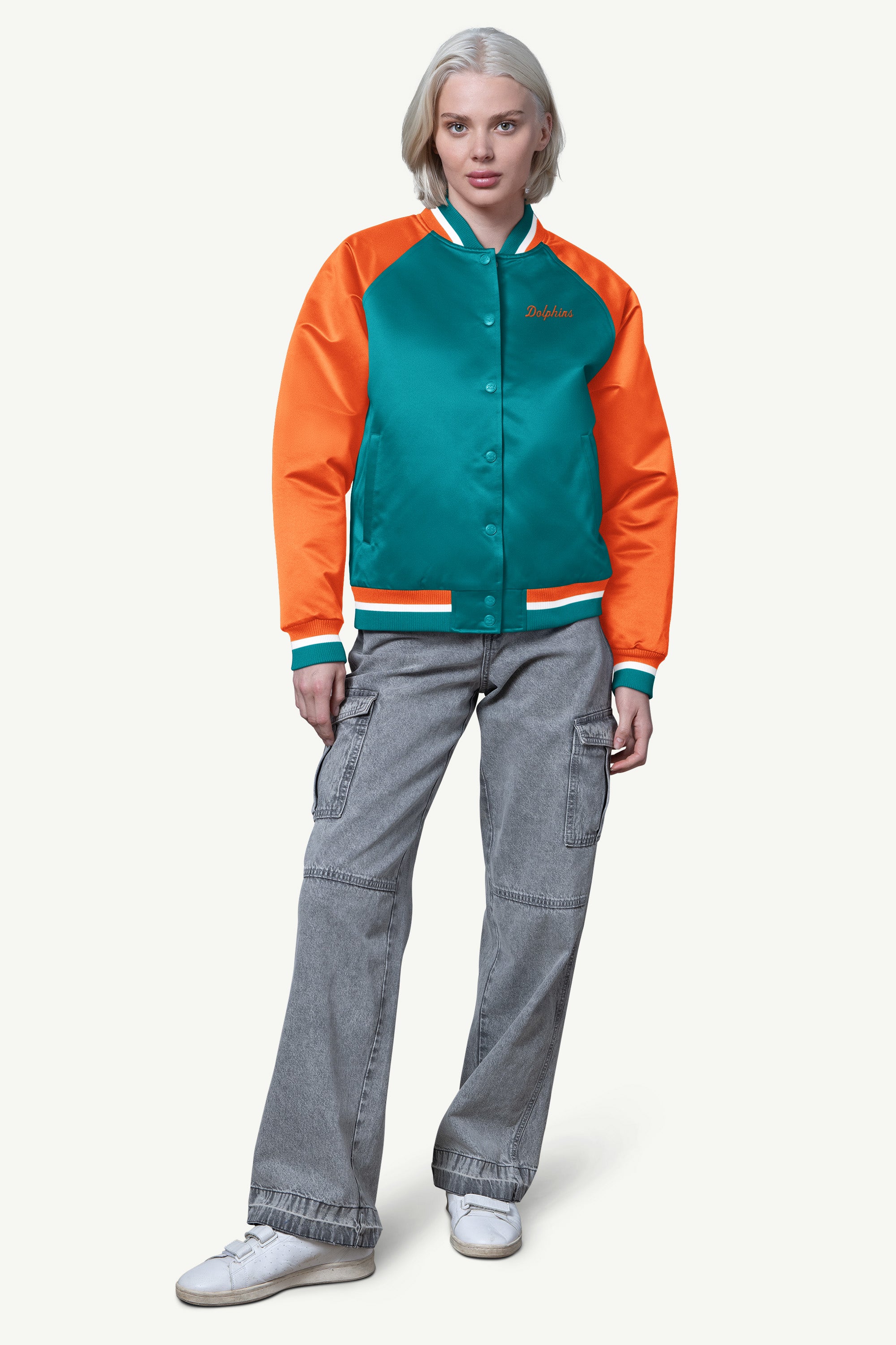 WOMENS MIAMI DOLPHINS FINAL SCORE SATIN VARSITY JACKET View 3 | Miami Dolphins