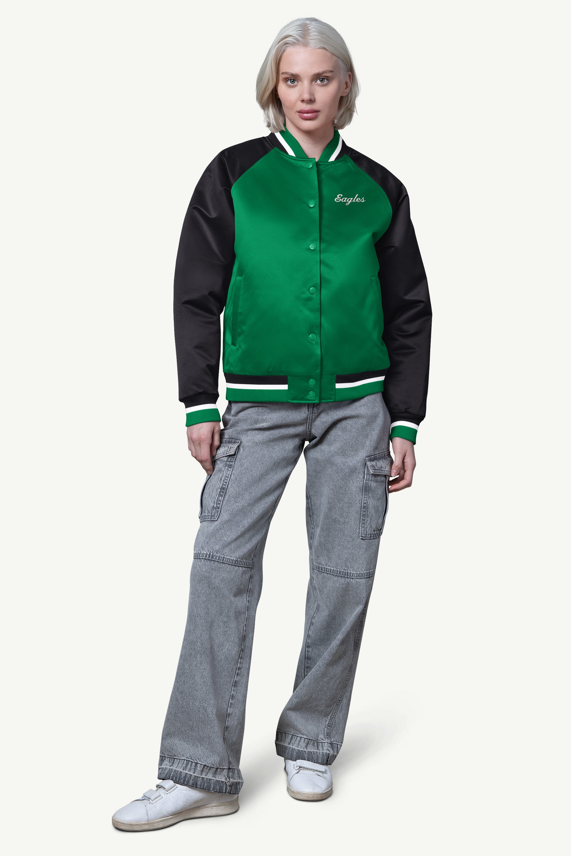 WOMENS PHILADELPHIA EAGLES FINAL SCORE SATIN VARSITY JACKET View 3 | Philadelphia Eagles