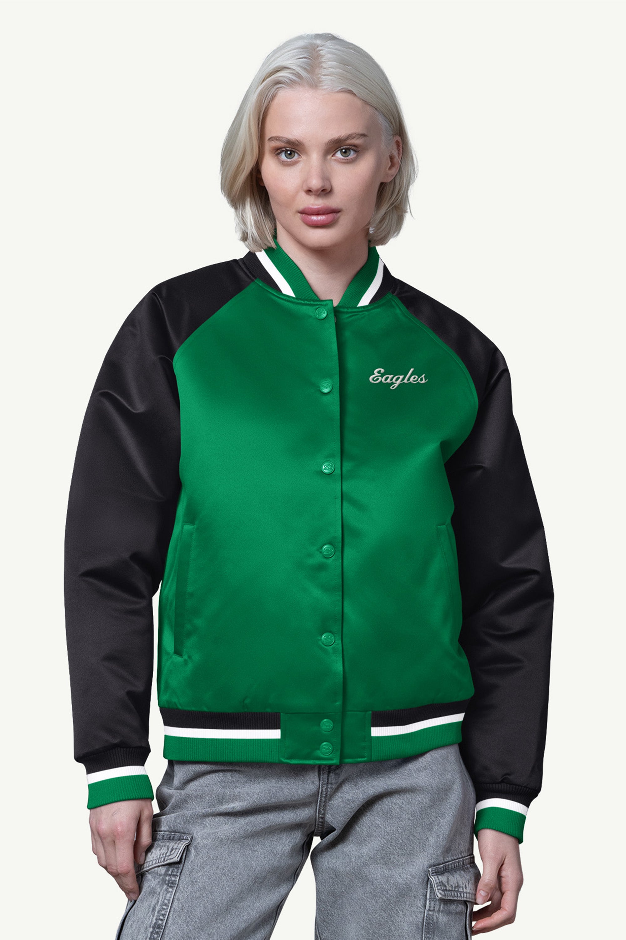 WOMENS PHILADELPHIA EAGLES FINAL SCORE SATIN VARSITY JACKET View 1 | Philadelphia Eagles