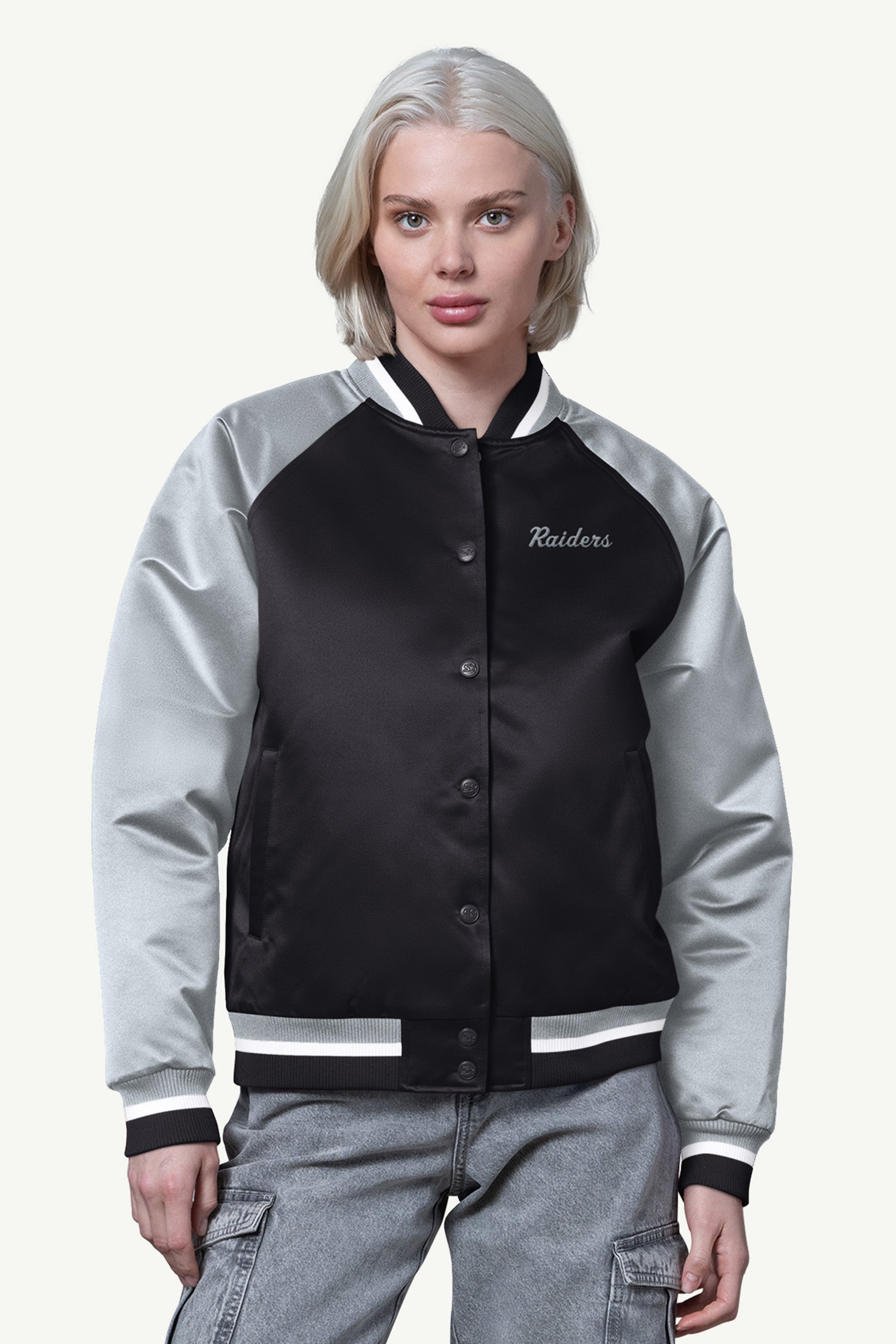 WOMENS LAS VEGAS RAIDERS FINAL SCORE SATIN VARSITY JACKET View 1 | Las Vegas Raiders